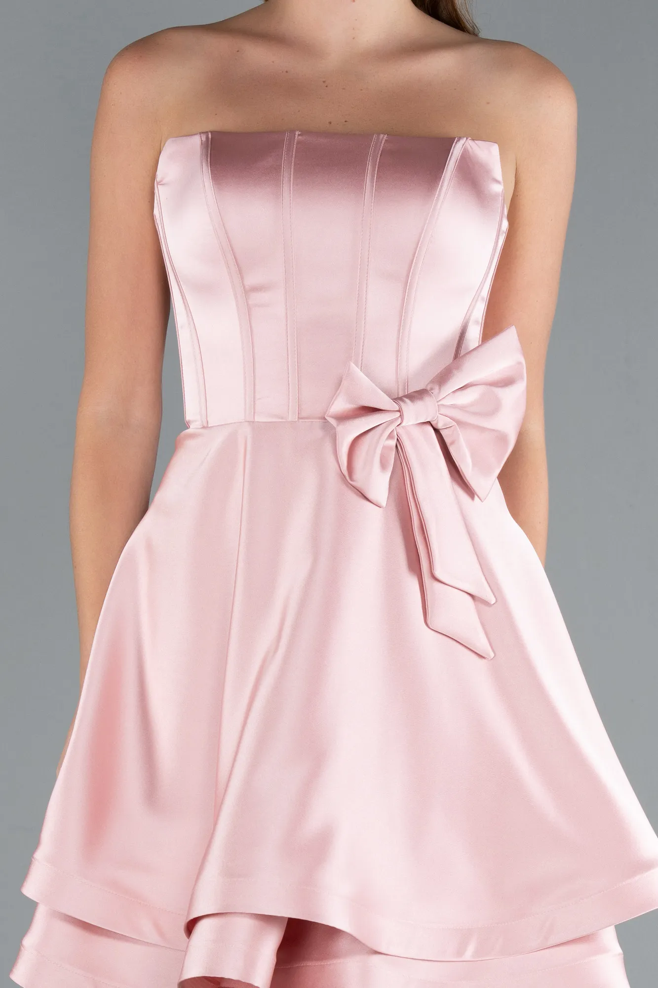 Powder Color-Strapless Satin Short Prom Dress ABK2310