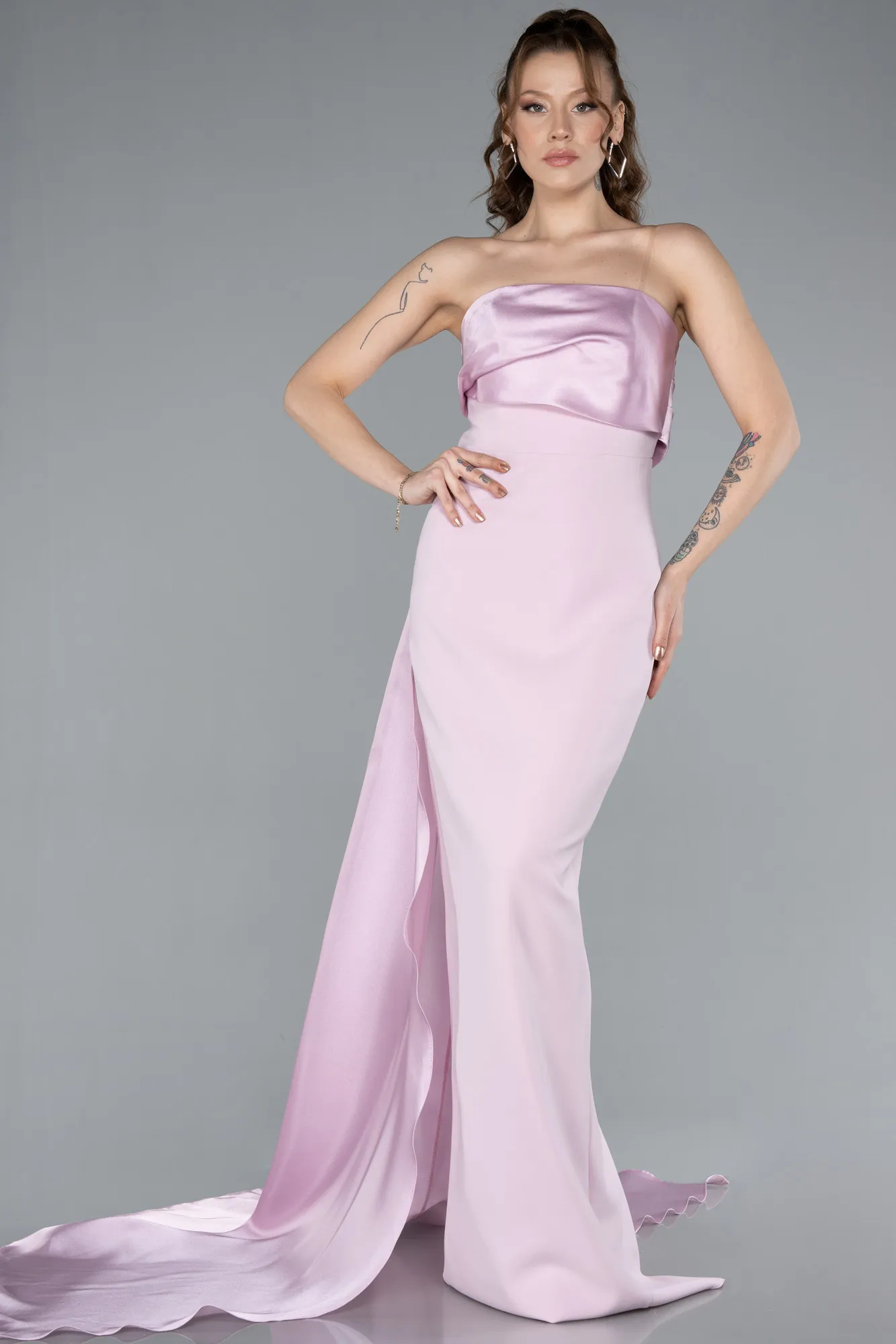 Powder Color-Strapless Satin Train Evening Gown ABU4690