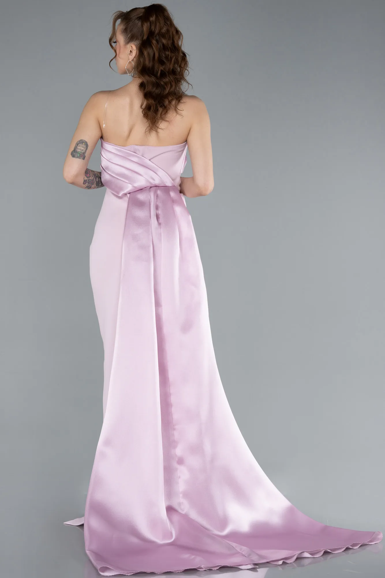 Powder Color-Strapless Satin Train Evening Gown ABU4690