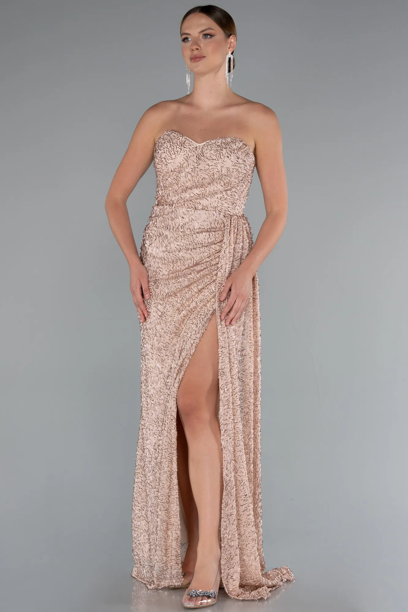 Powder Color-Strapless Slit Long Beaded Evening Gown ABU4725
