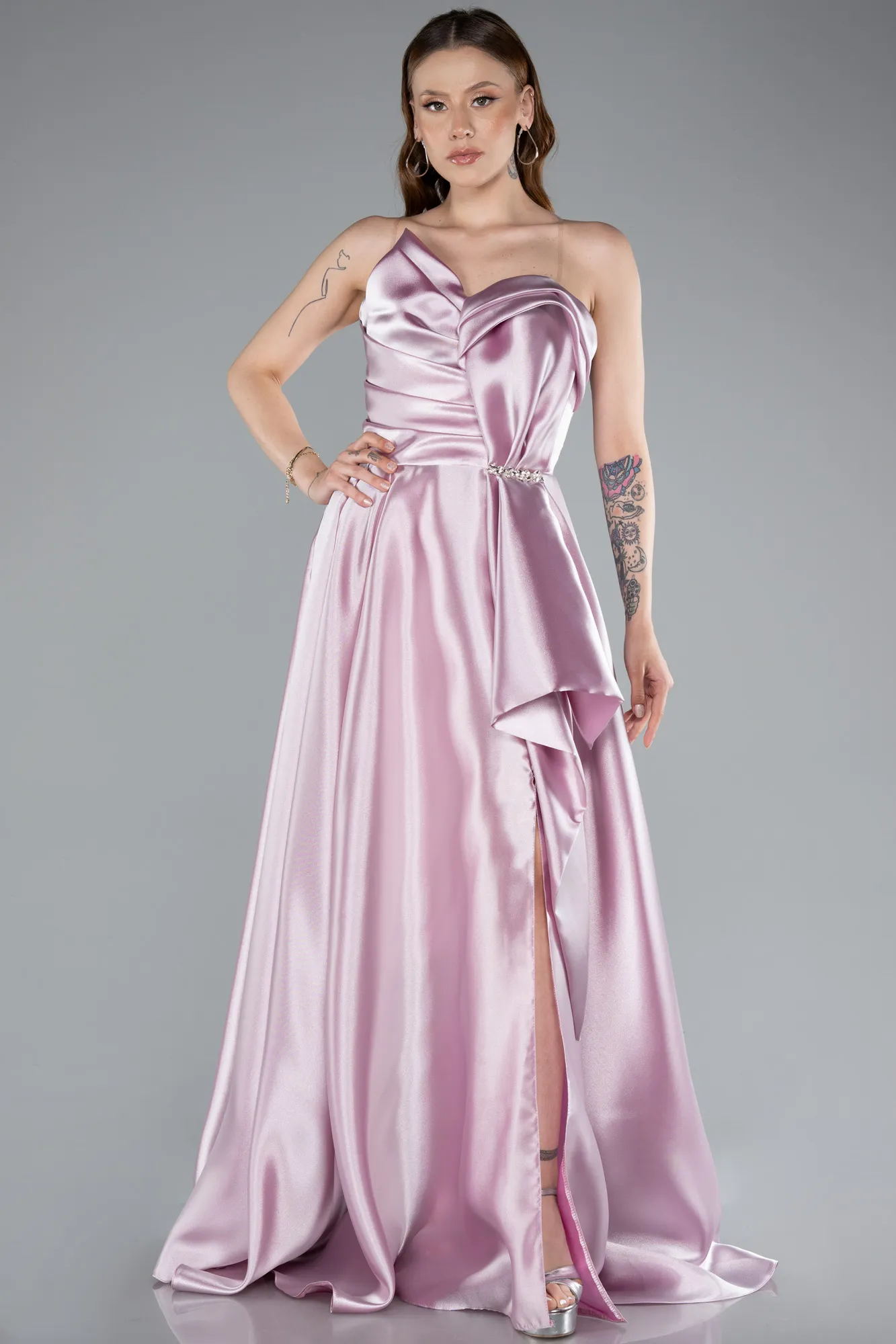 Powder Color-Strapless Slit Long Satin Prom Dress ABU4561