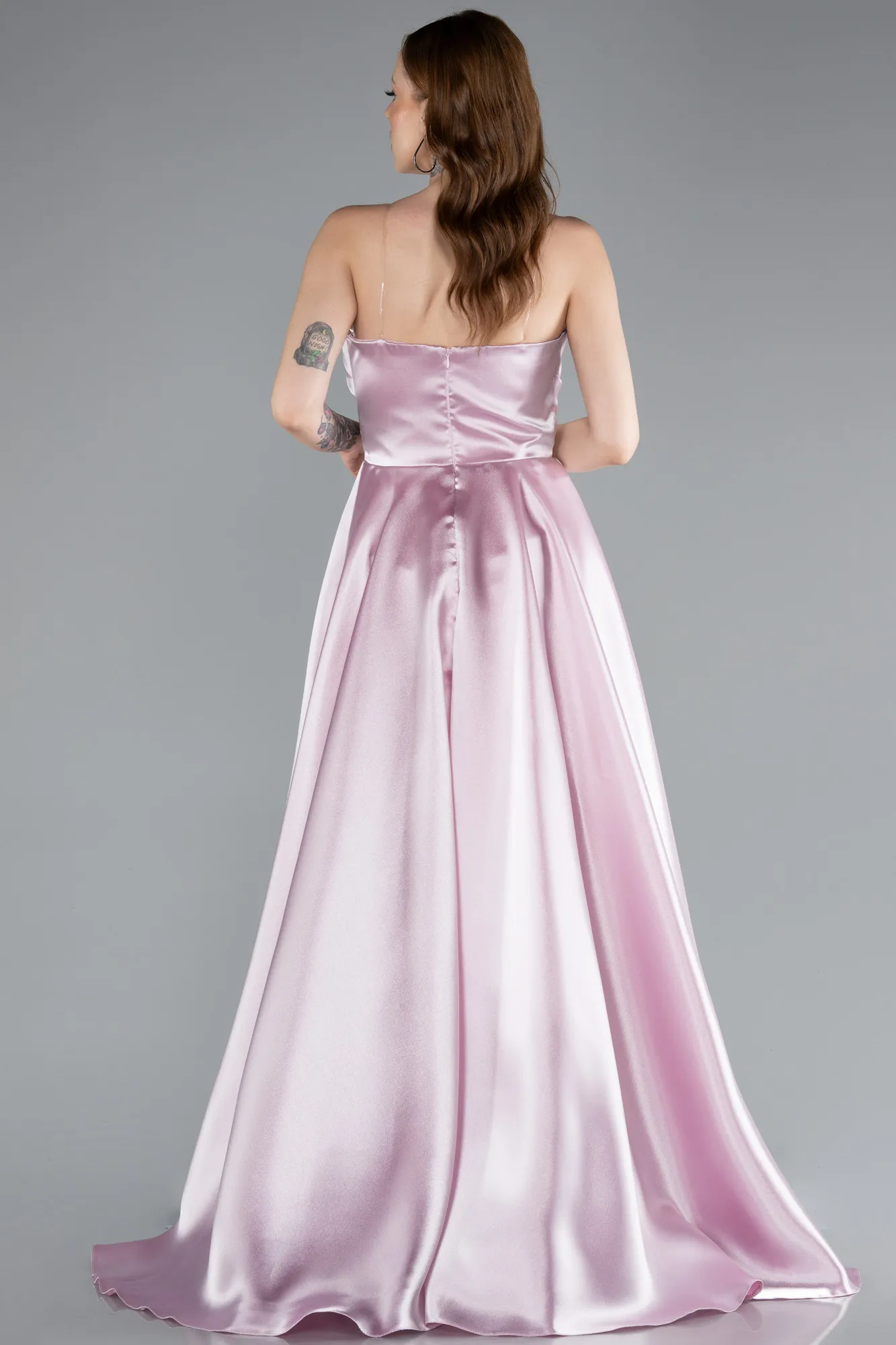 Powder Color-Strapless Slit Long Satin Prom Dress ABU4561