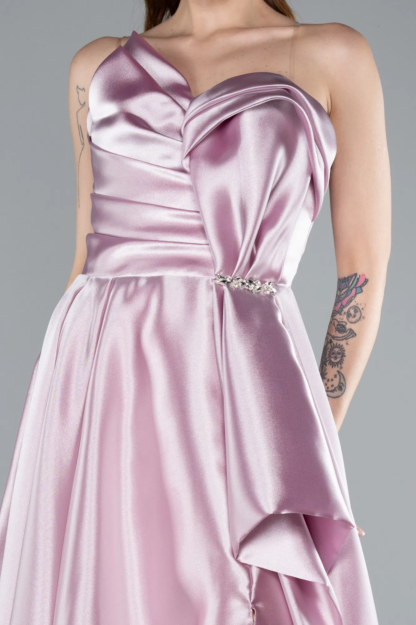 Powder Color-Strapless Slit Long Satin Prom Dress ABU4561