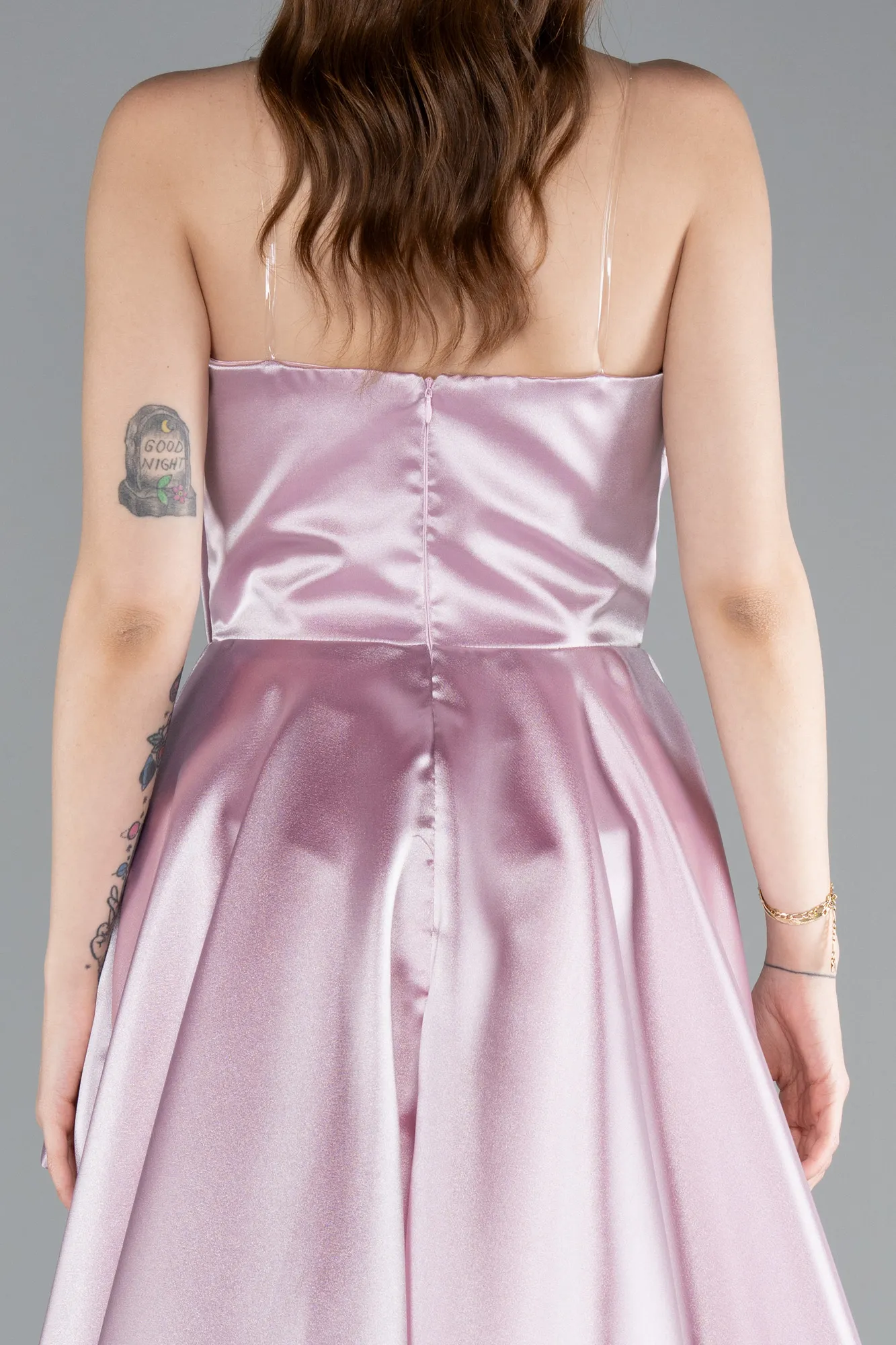 Powder Color-Strapless Slit Long Satin Prom Dress ABU4561