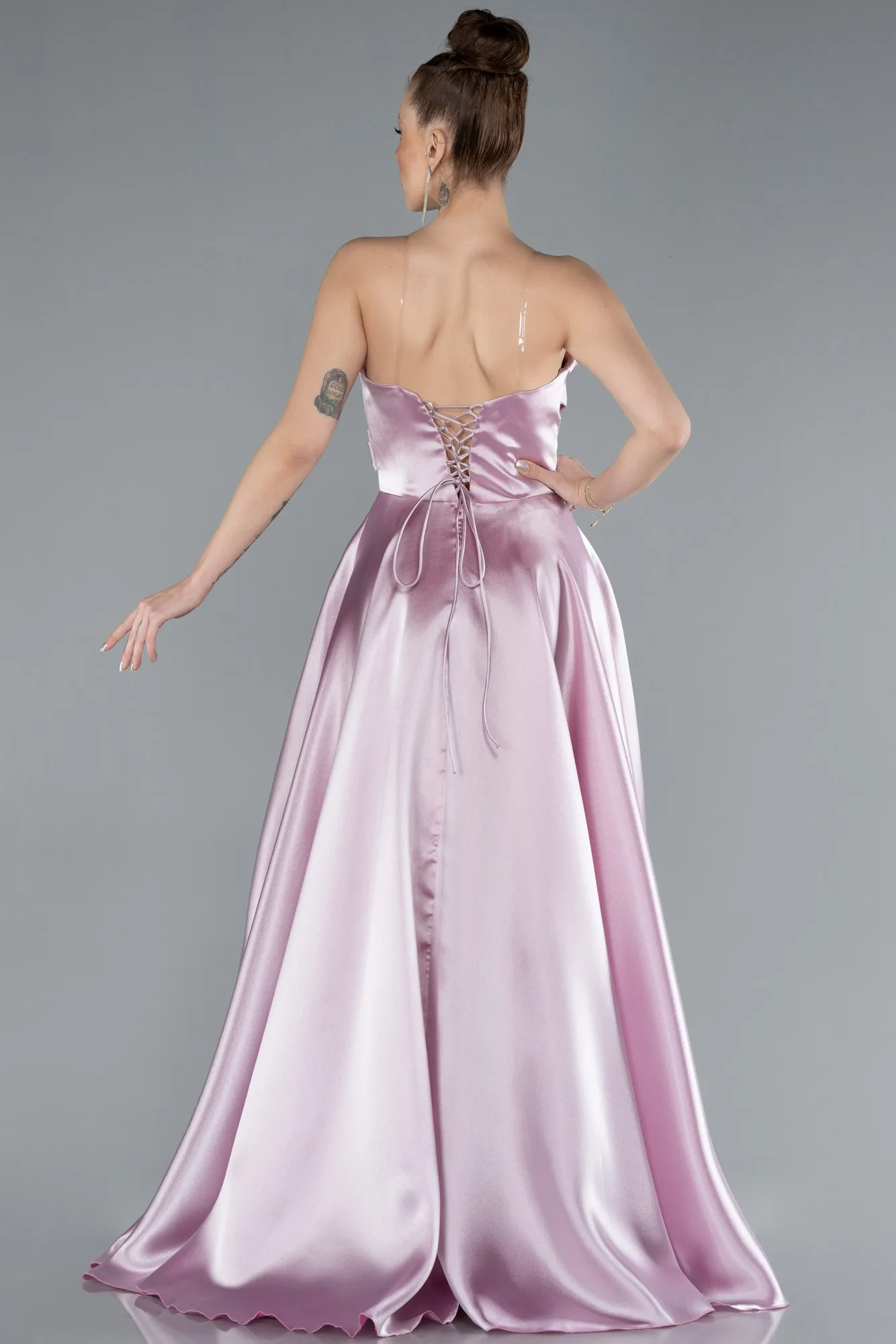Powder Color-Strapless Slit Long Satin Prom Dress ABU4680