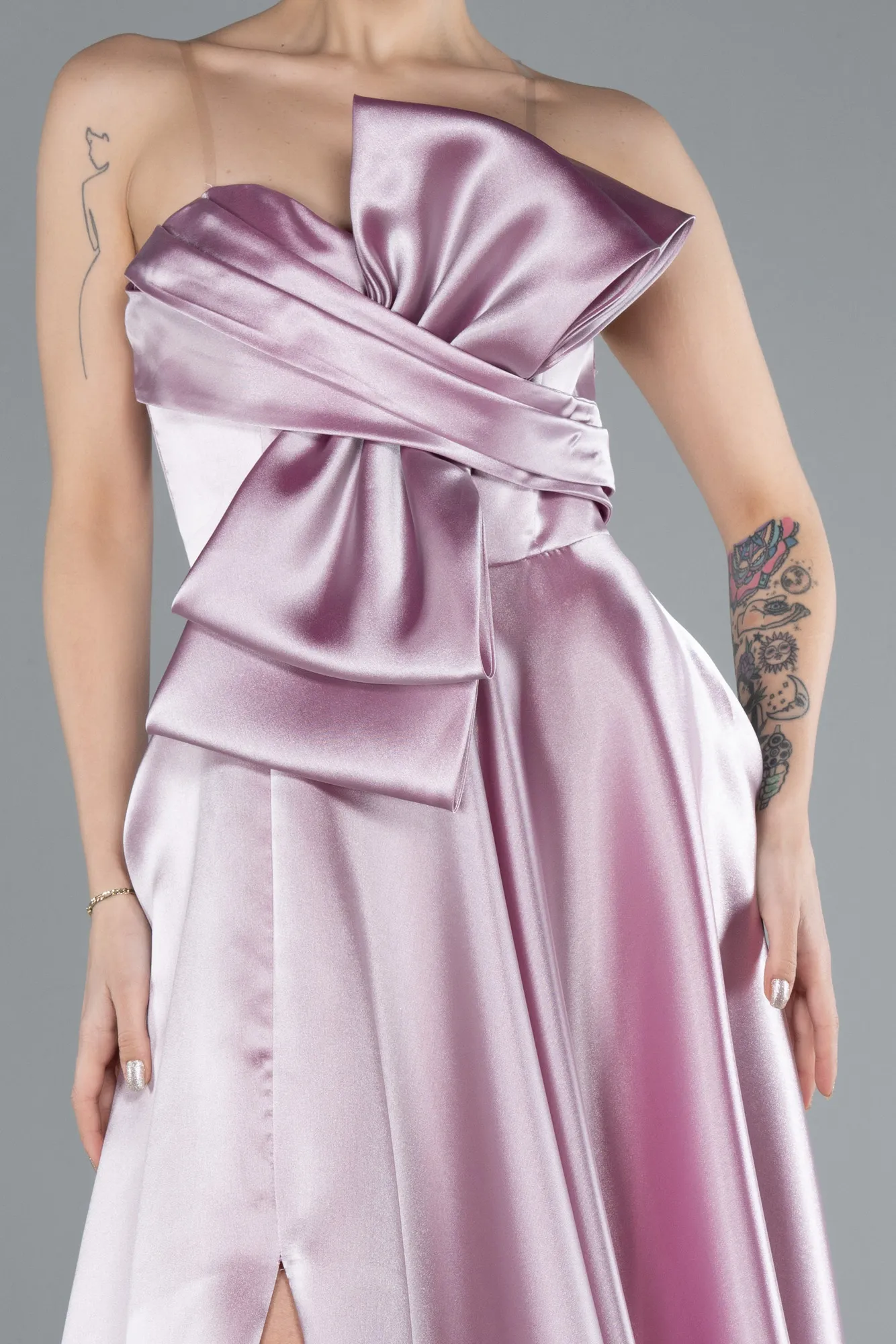 Powder Color-Strapless Slit Long Satin Prom Dress ABU4680