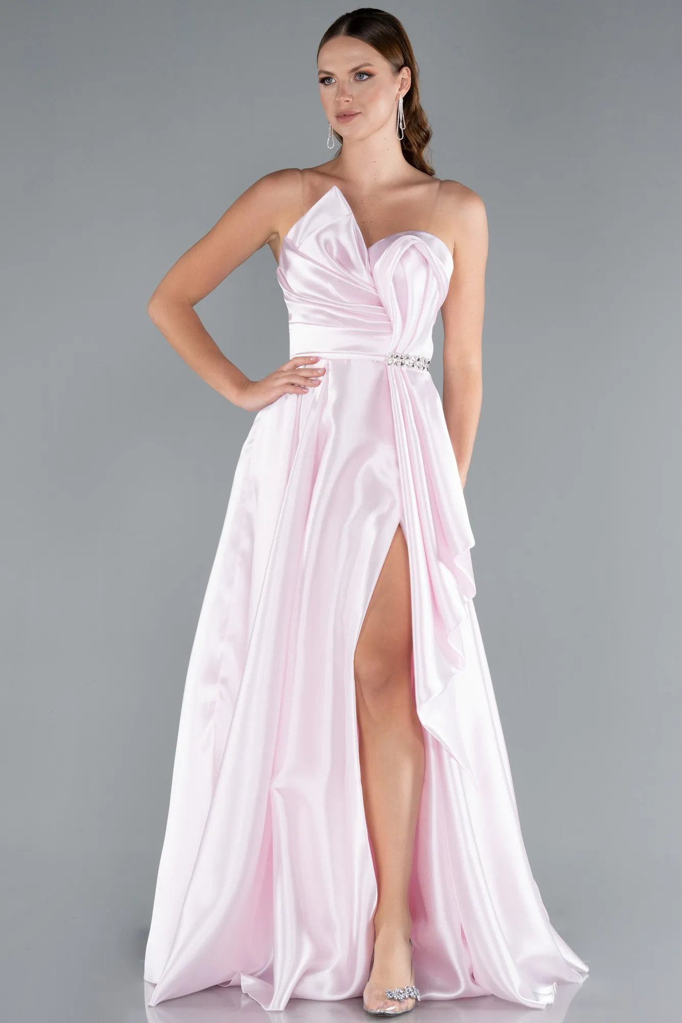 Powder Color-Strapless Slit Long Satin Prom Gown ABU4522