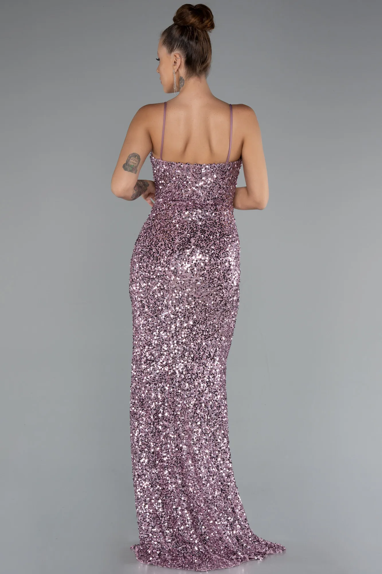 Powder Color-Strapless Underwire Slit Long Sequin Evening Gown ABU4842