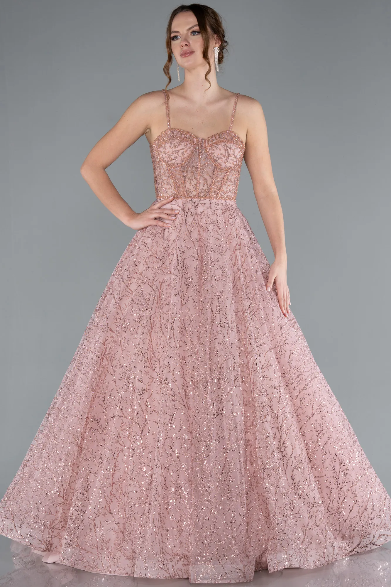 Powder Color-Strappy Glitter Long Ball Gown ABU3839