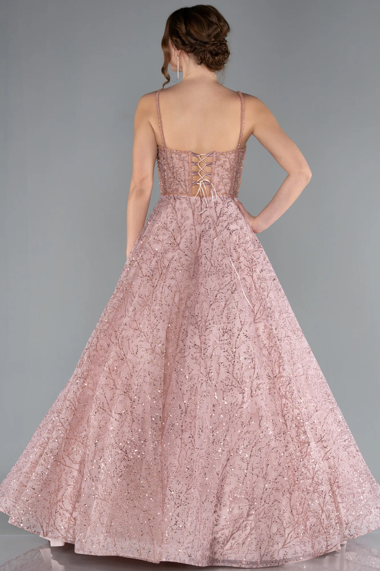 Powder Color-Strappy Glitter Long Ball Gown ABU3839