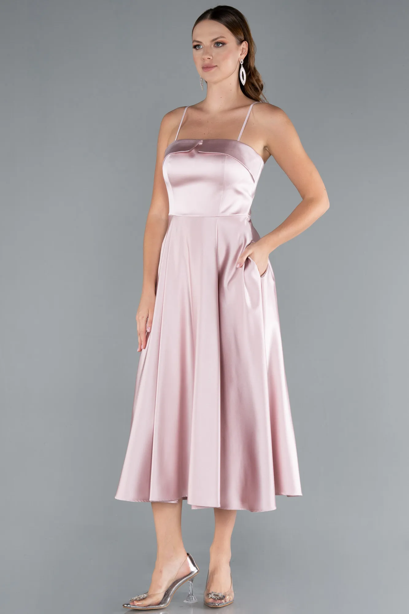 Powder Color-Strappy Midi Satin Invitation Dress ABK2316