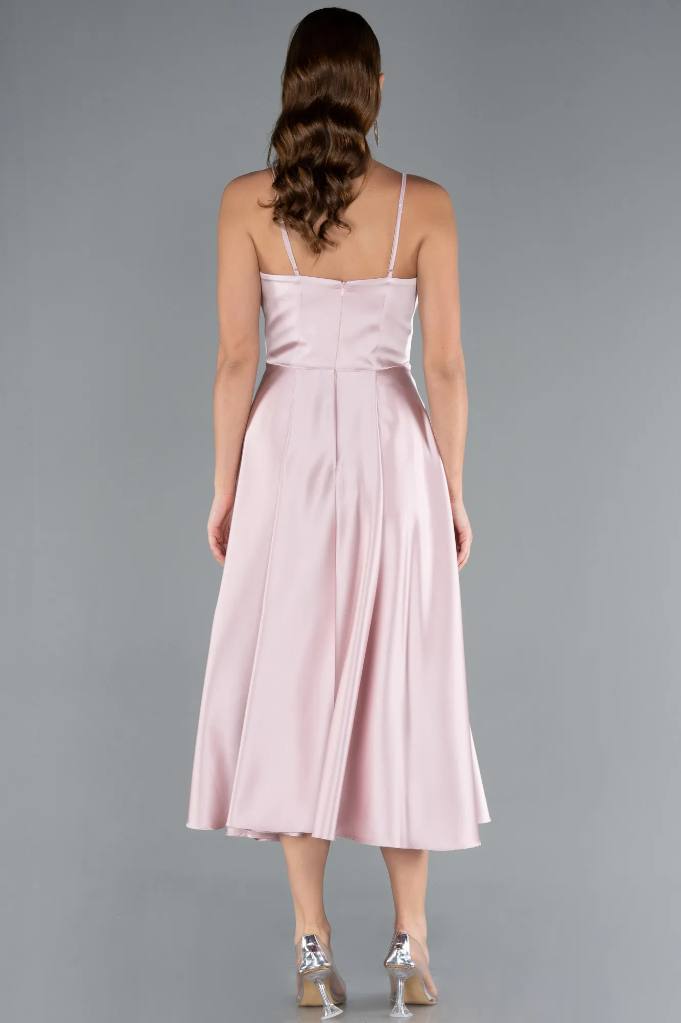 Powder Color-Strappy Midi Satin Invitation Dress ABK2316