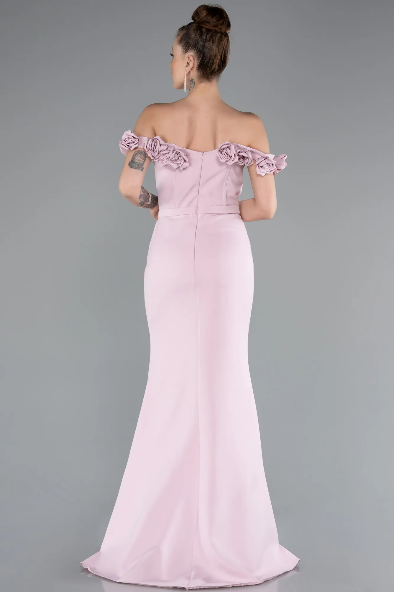 Powder Color-Underwire Corset Floral Off The Shoulder Slit Long Evening Dress ABU5004