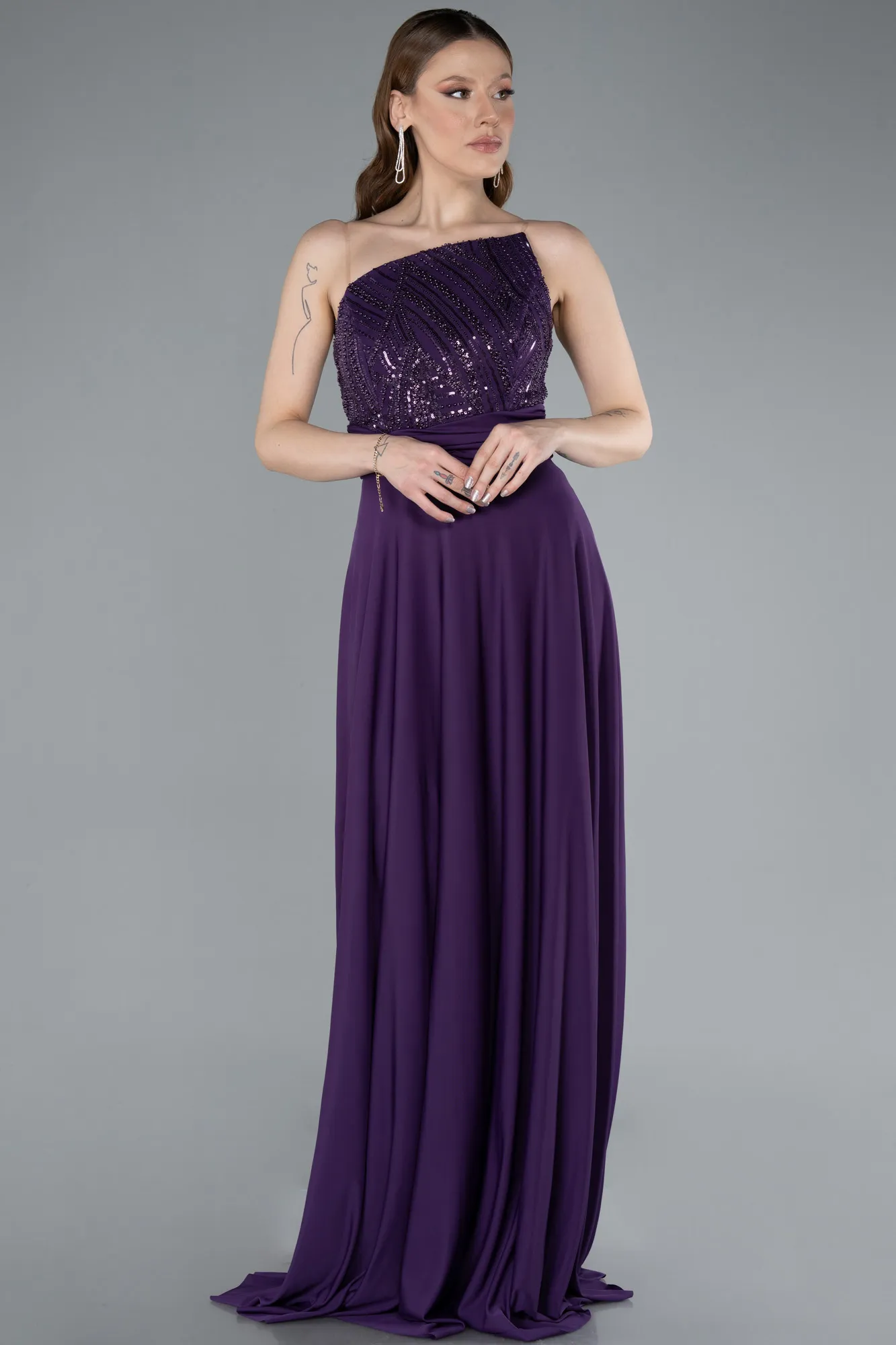Purple-Asymmetrical Sequined Long Chiffon Evening Dress ABU4870