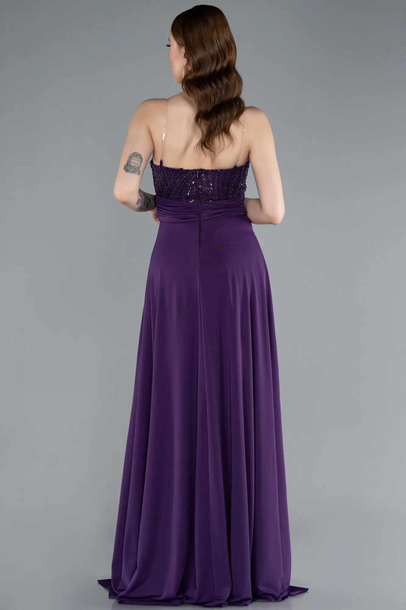 Purple-Asymmetrical Sequined Long Chiffon Evening Dress ABU4870