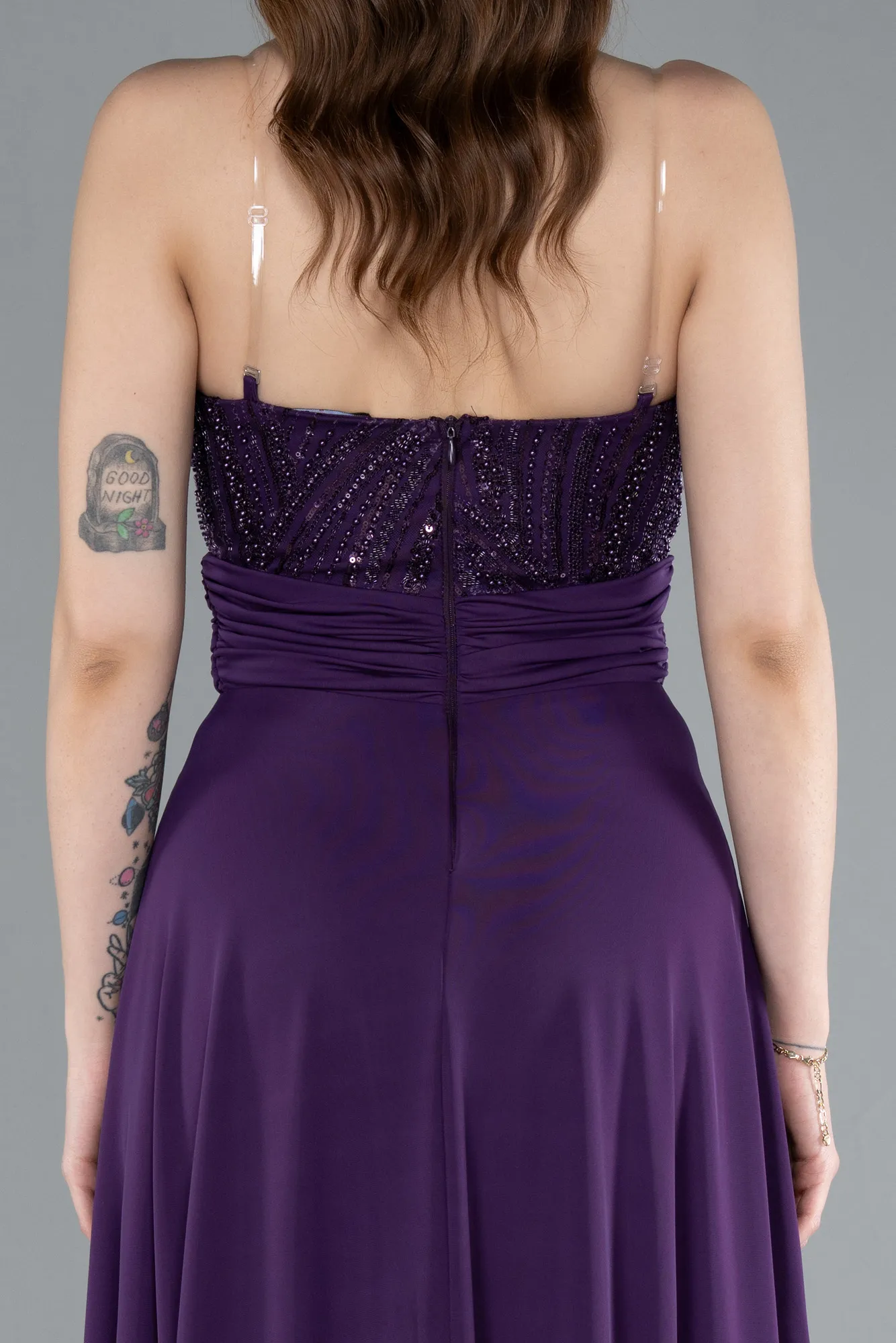 Purple-Asymmetrical Sequined Long Chiffon Evening Dress ABU4870