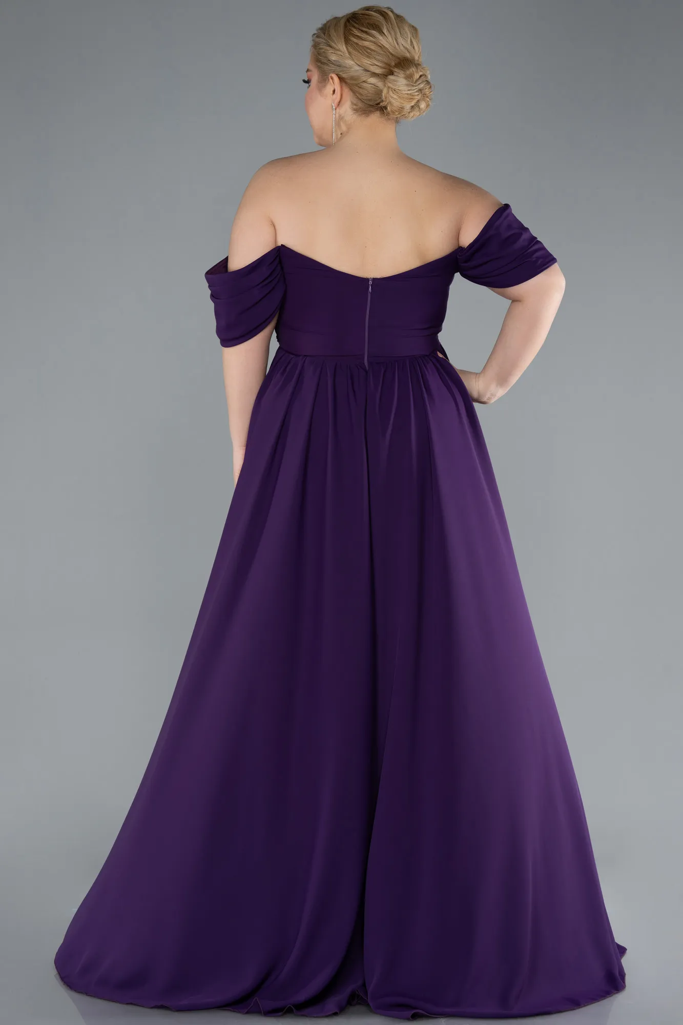 Purple-Boat Neck Long Chiffon Plus Size Prom Dress ABU3738