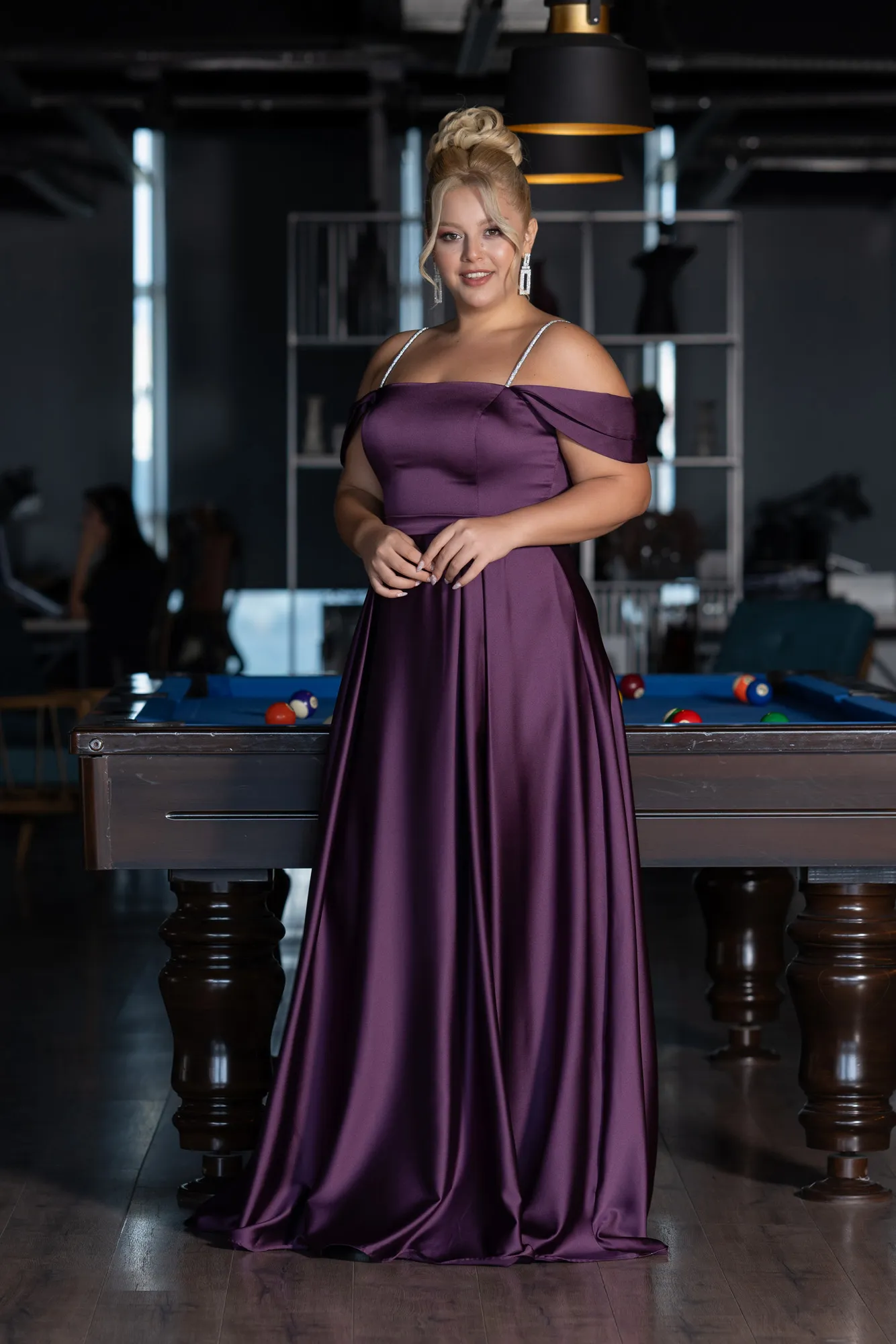 Purple-Boat Neck Long Satin Plus Size Prom Dress ABU4125