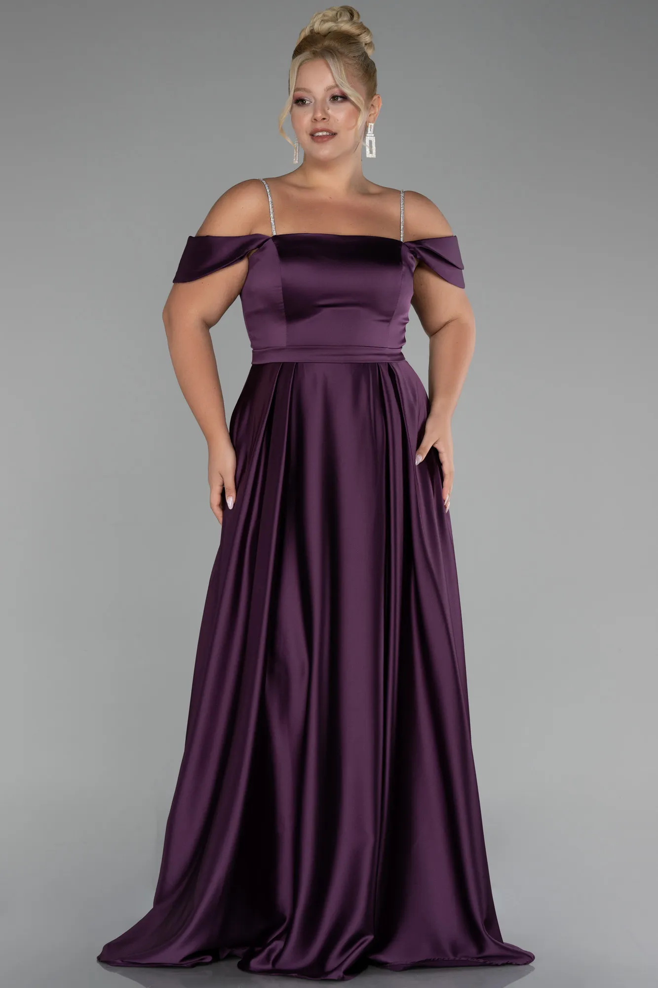 Purple-Boat Neck Long Satin Plus Size Prom Dress ABU4125