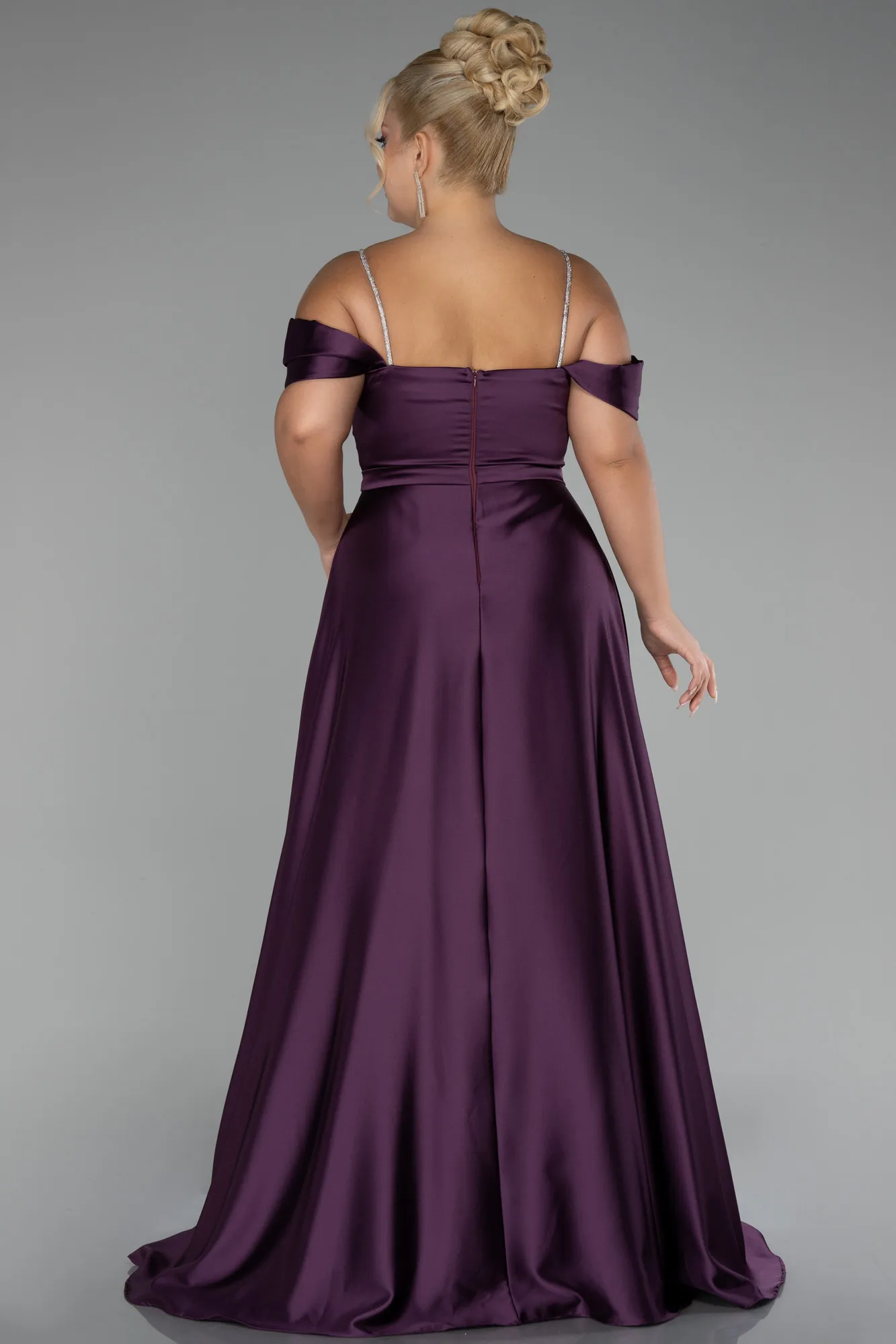 Purple-Boat Neck Long Satin Plus Size Prom Dress ABU4125
