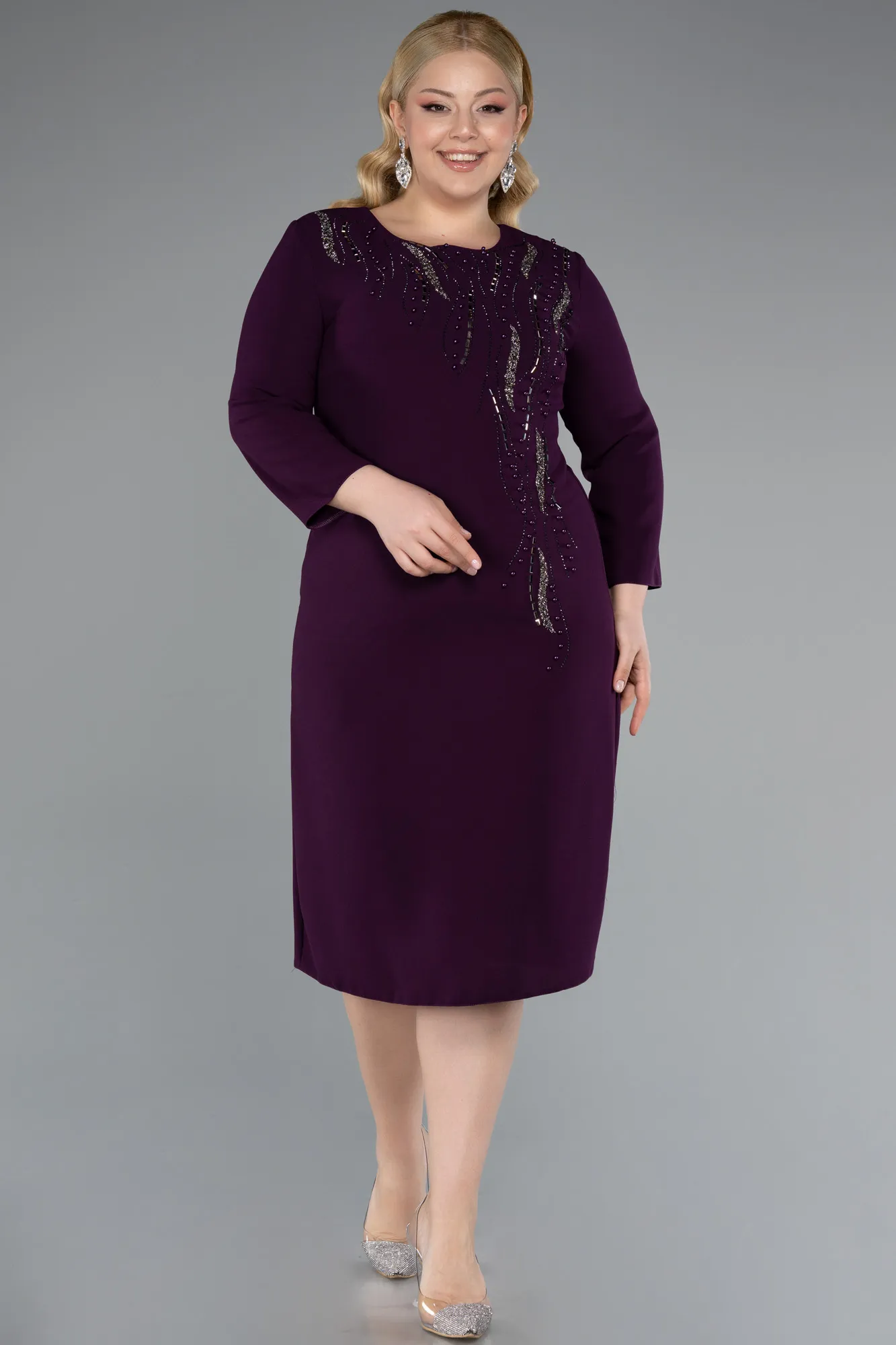 Purple-Capri Sleeve Midi Plus Size Invitation Dress ABK2197