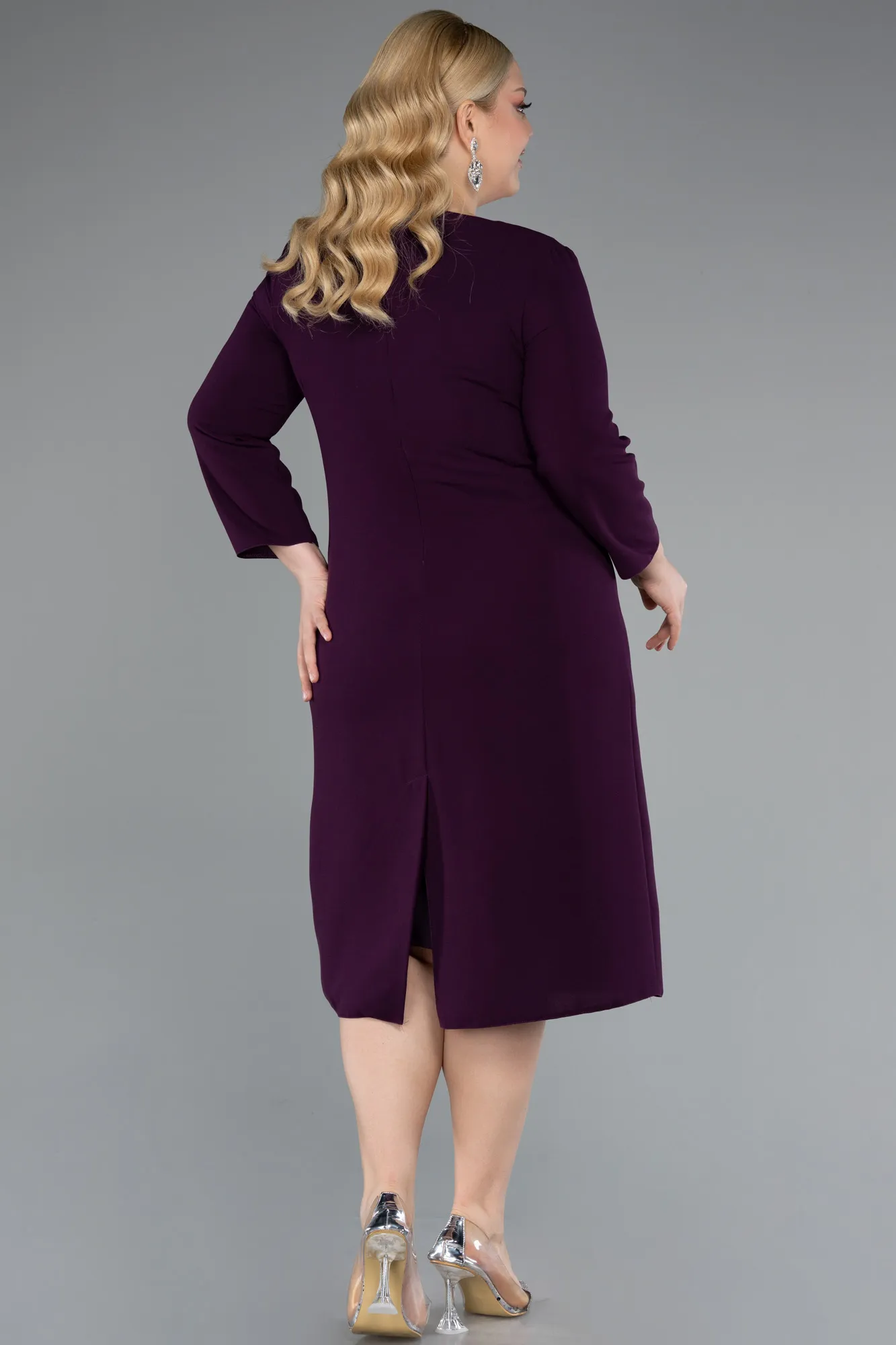 Purple-Capri Sleeve Midi Plus Size Invitation Dress ABK2197