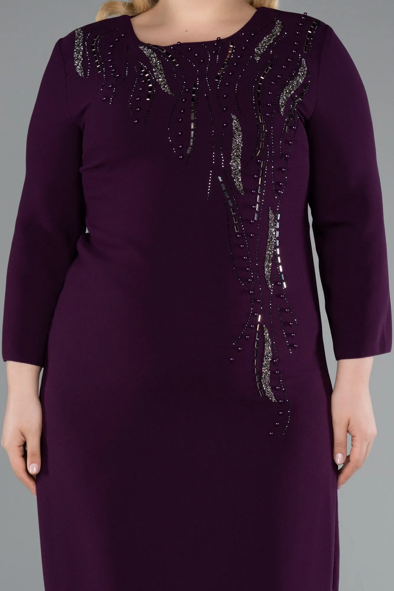 Purple-Capri Sleeve Midi Plus Size Invitation Dress ABK2197