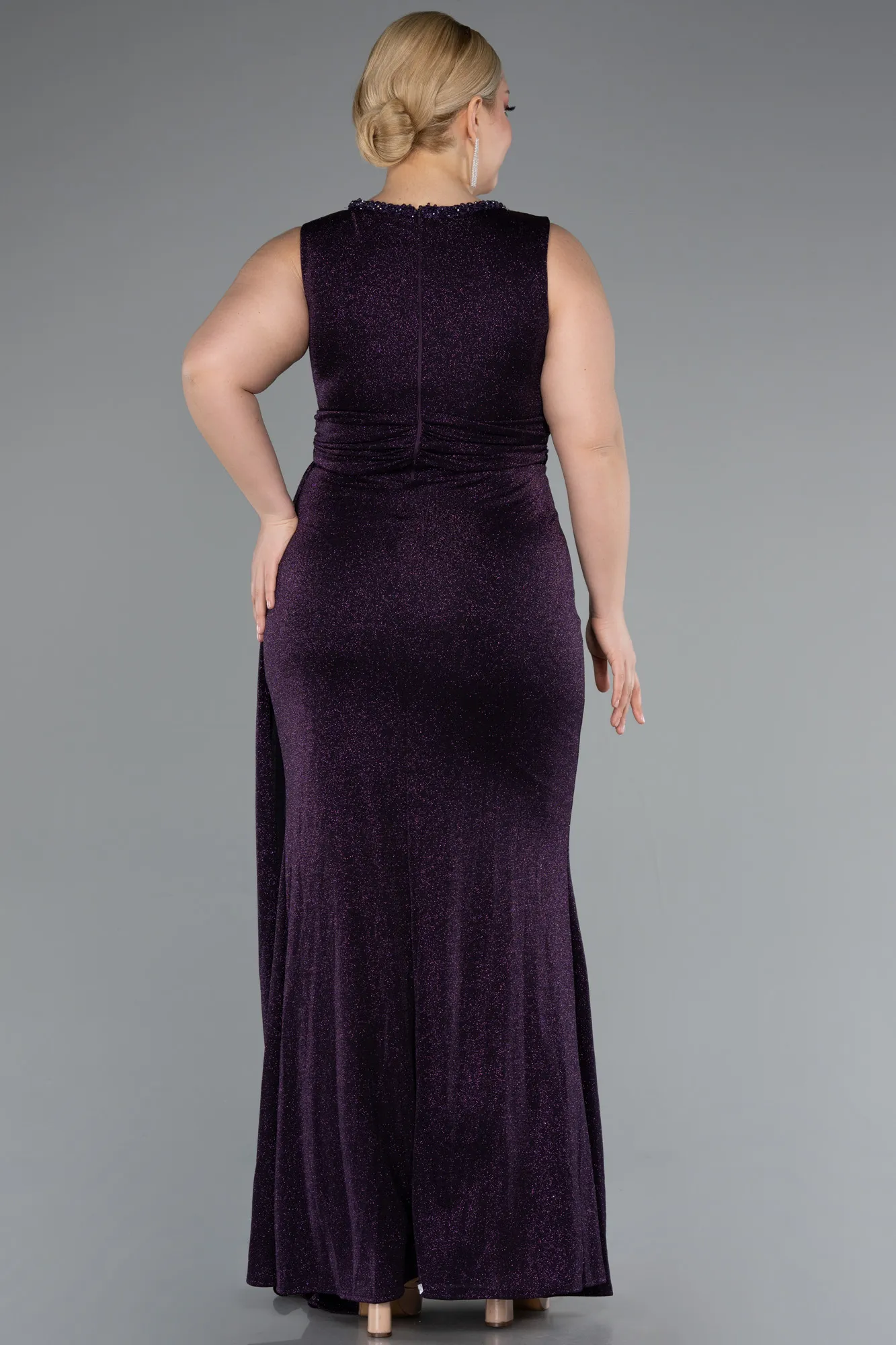 Purple-Double Breasted Slit Long Glittery Plus Size Evening Dress ABU5007
