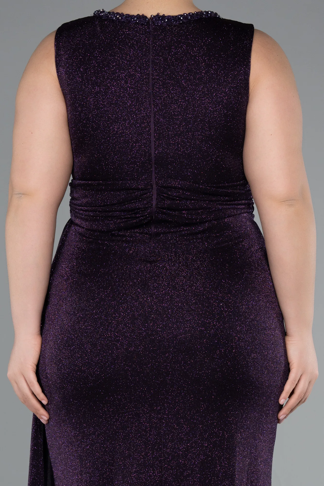 Purple-Double Breasted Slit Long Glittery Plus Size Evening Dress ABU5007