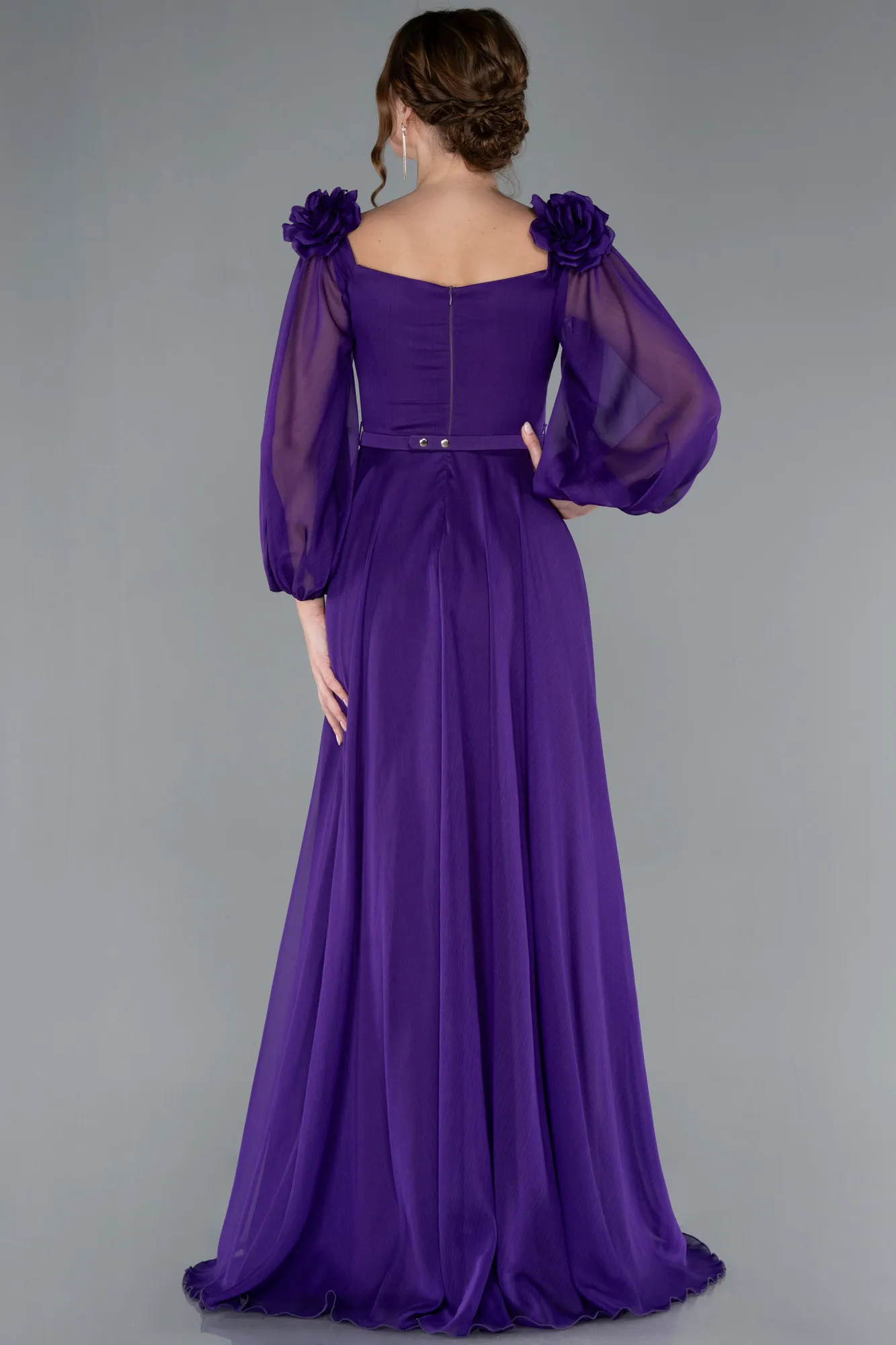 Purple-Floral Boat Neck Long Sleeve Chiffon Prom Gown ABU4130