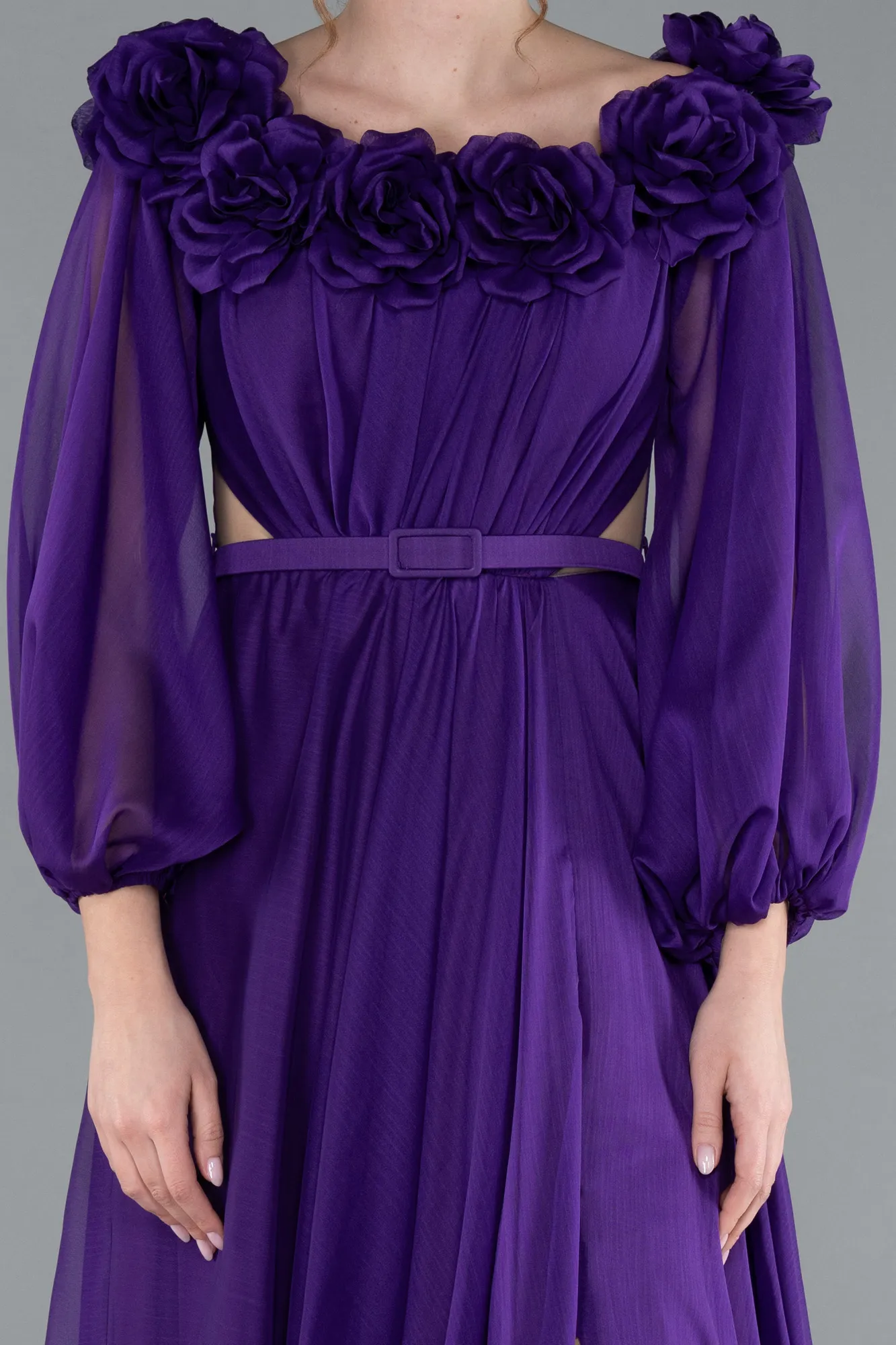 Purple-Floral Boat Neck Long Sleeve Chiffon Prom Gown ABU4130