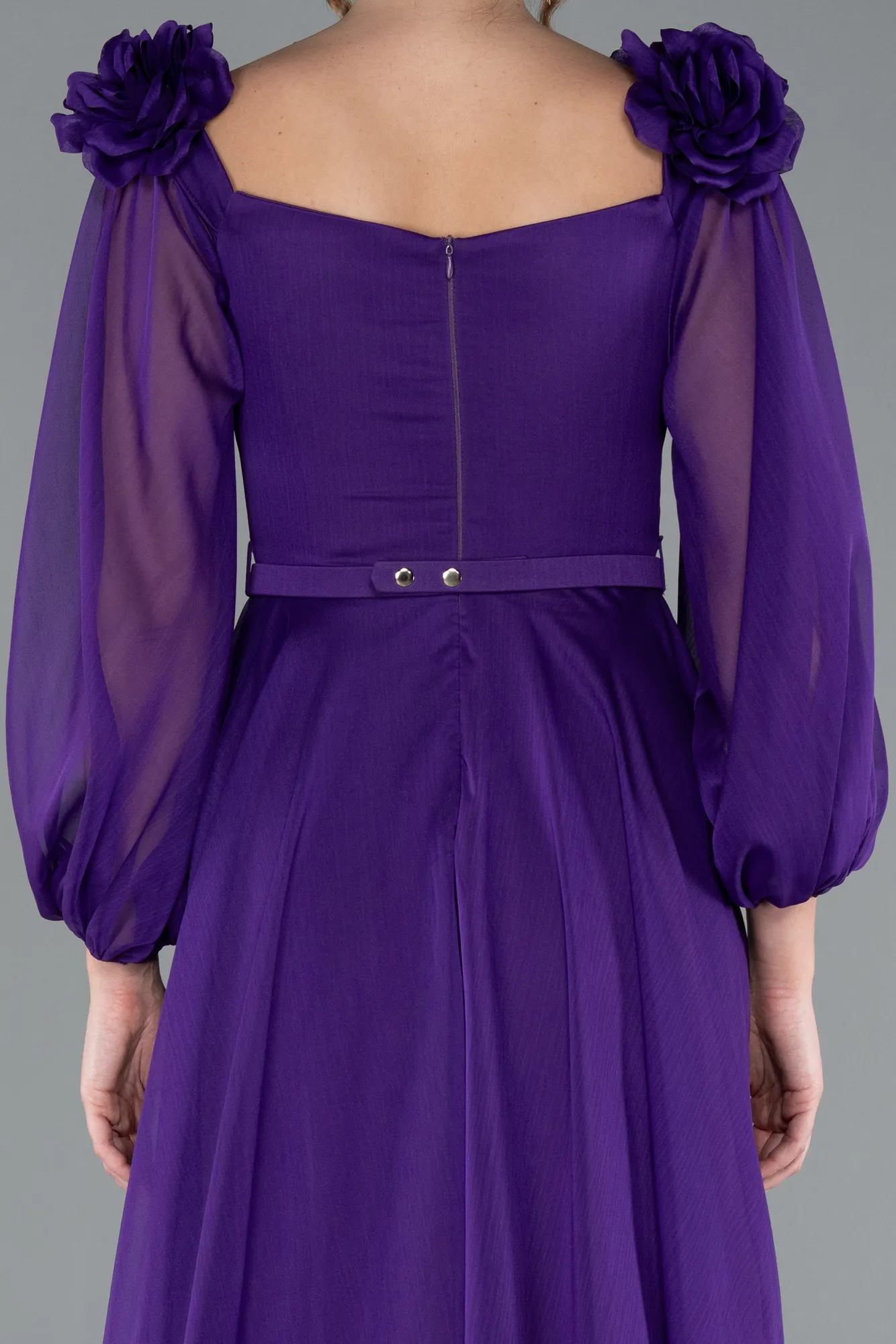 Purple-Floral Boat Neck Long Sleeve Chiffon Prom Gown ABU4130
