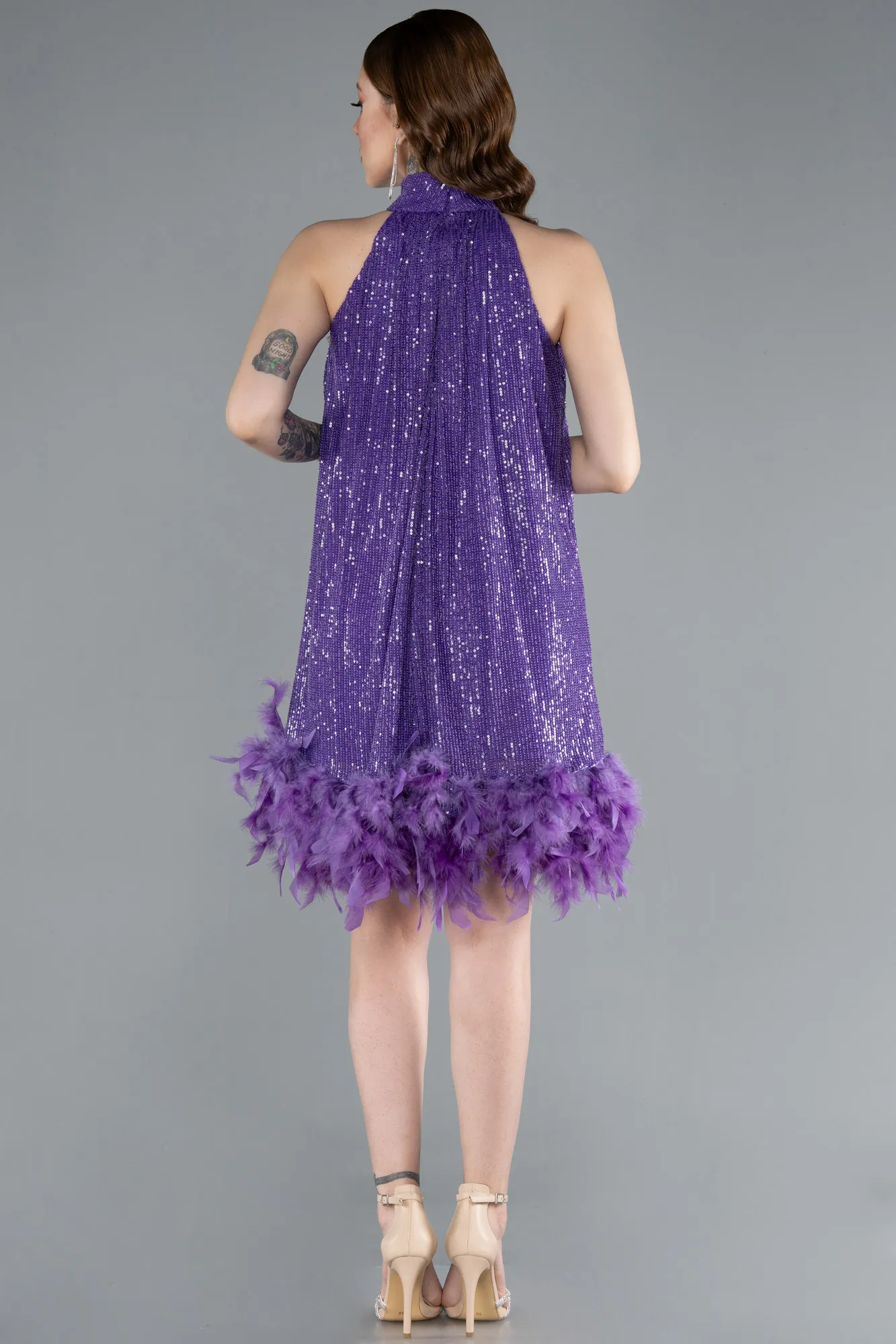 Purple-Halter Neck Feathered Skirt Sequined Party Dress ABK2348