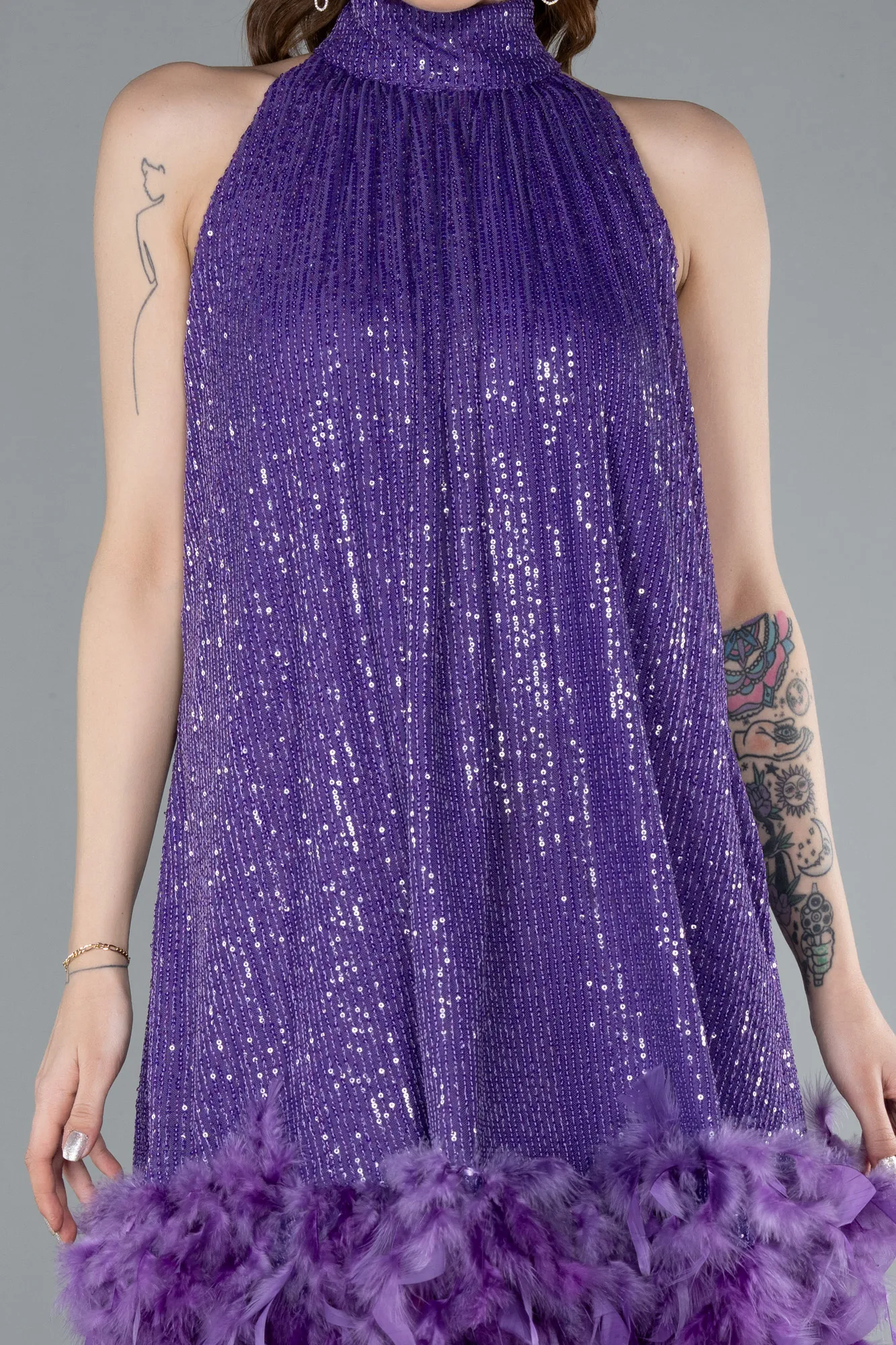 Purple-Halter Neck Feathered Skirt Sequined Party Dress ABK2348