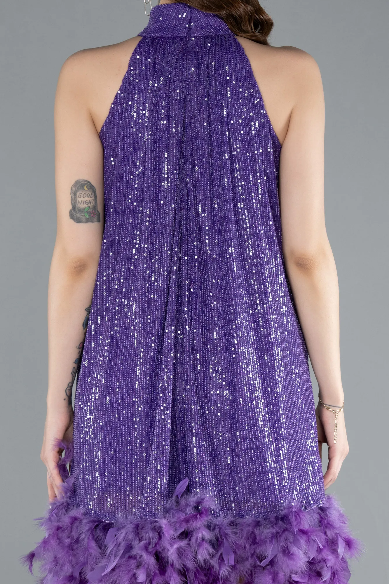 Purple-Halter Neck Feathered Skirt Sequined Party Dress ABK2348