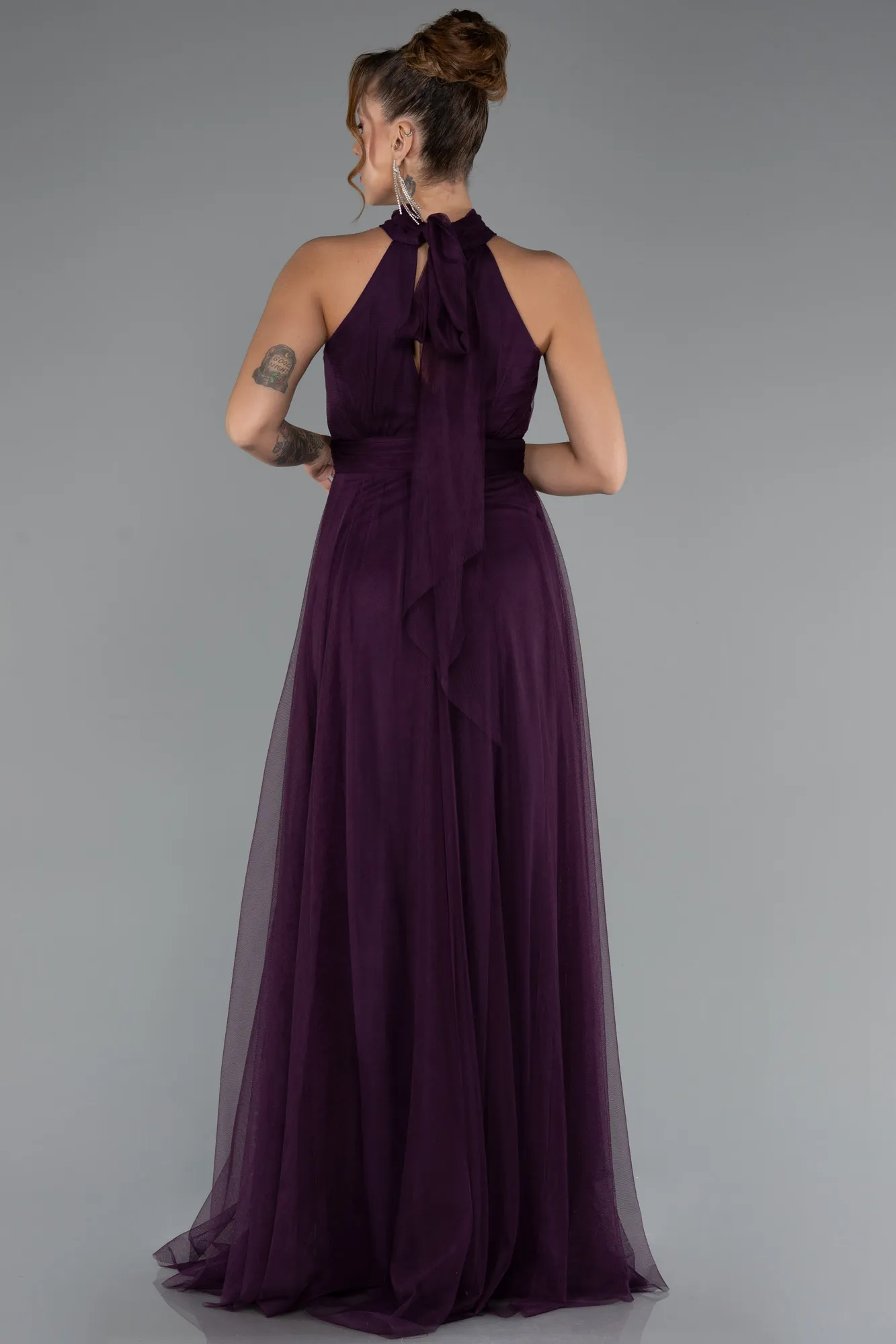 Purple-Halter Neck Long Graduation Prom Dress ABU3252