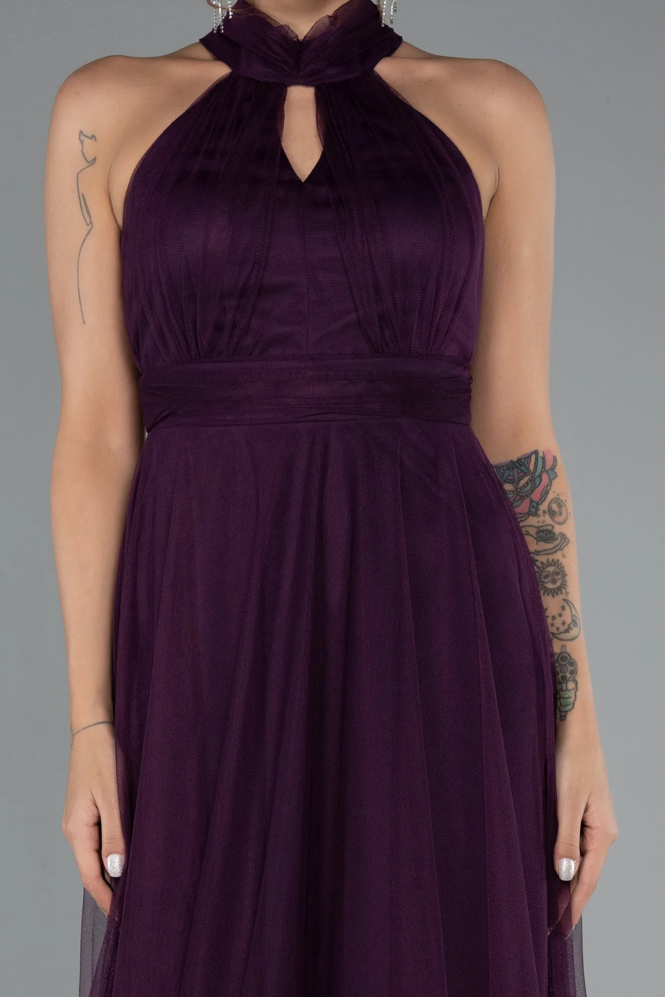 Purple-Halter Neck Long Graduation Prom Dress ABU3252