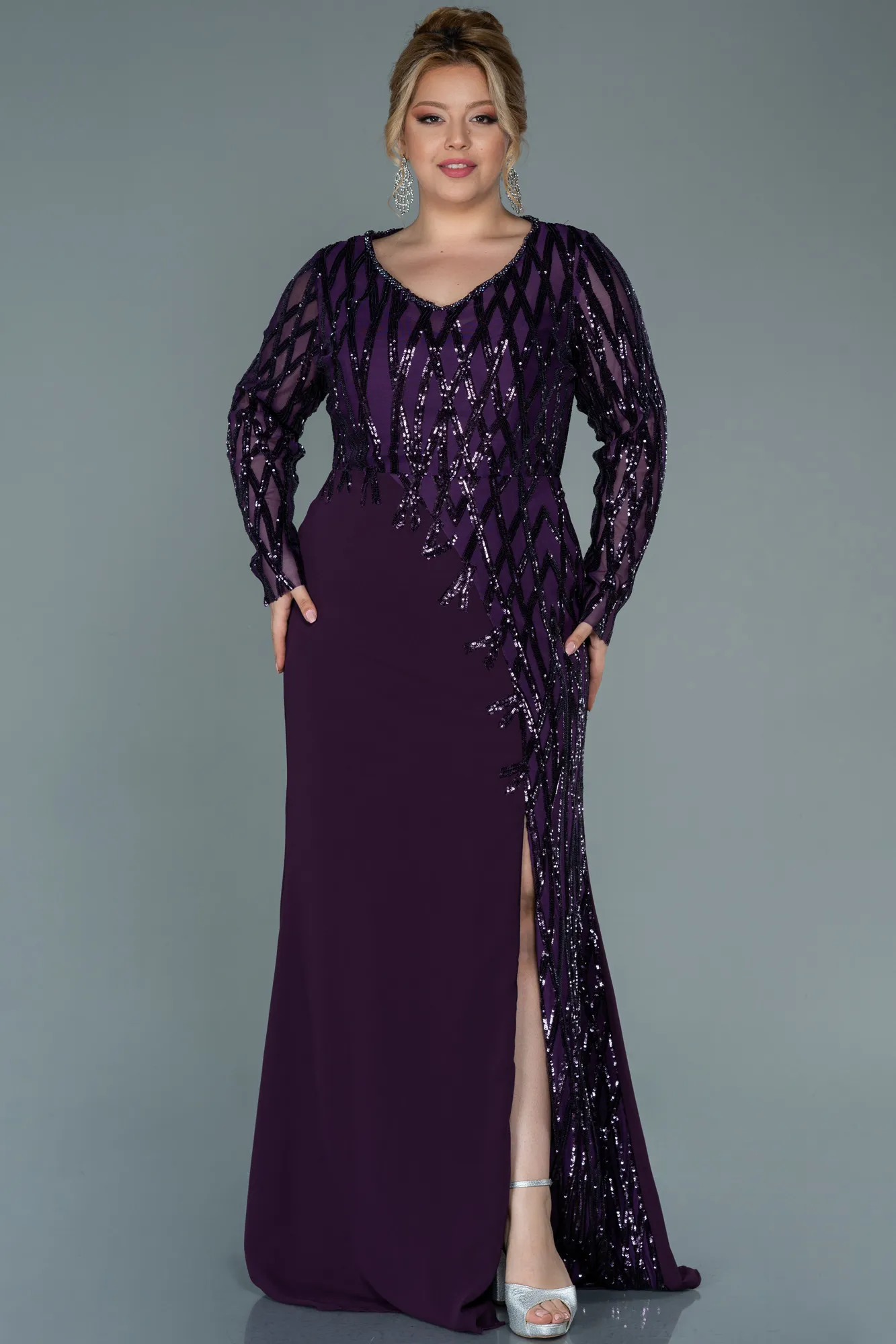 Purple-Long Chiffon Plus Size Evening Dress ABU2572