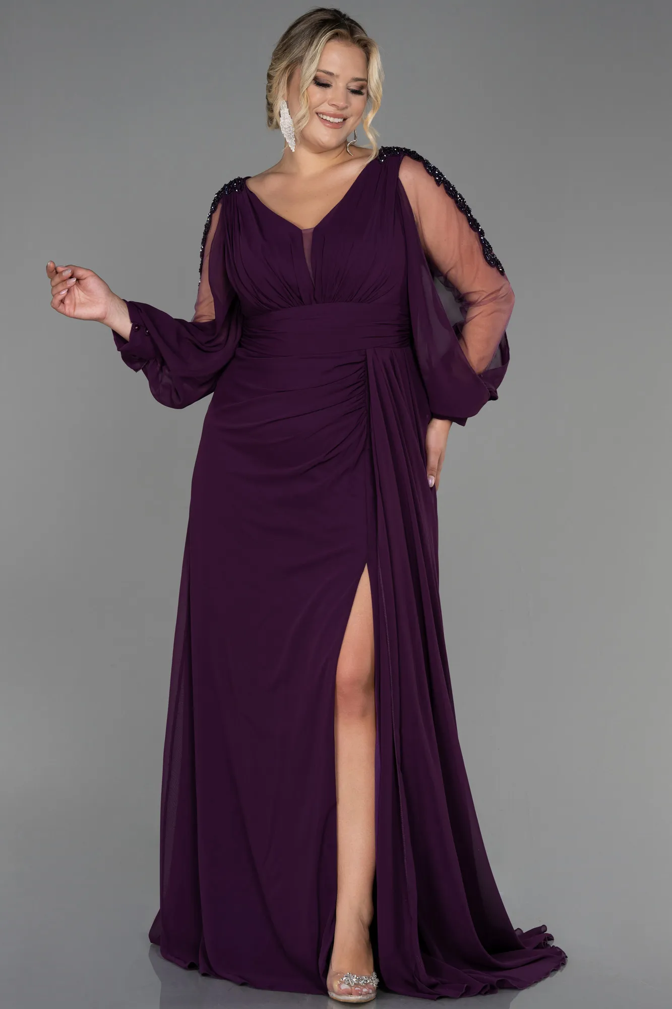 Purple-Long Chiffon Plus Size Evening Dress ABU3221