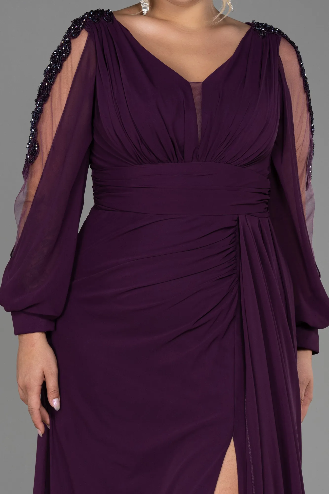 Purple-Long Chiffon Plus Size Evening Dress ABU3221