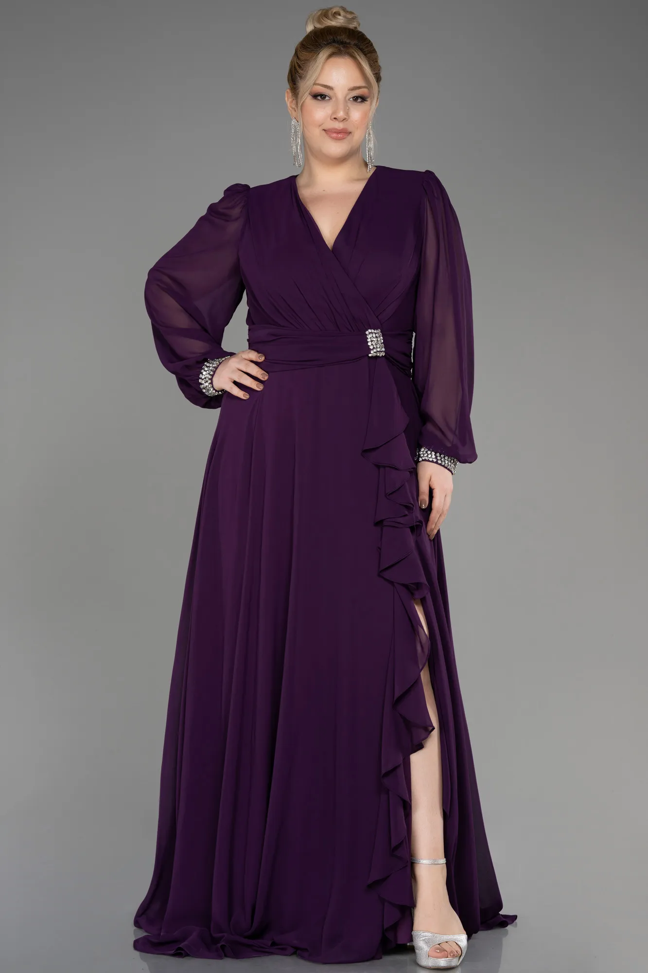 Purple-Long Chiffon Plus Size Evening Dress ABU3222