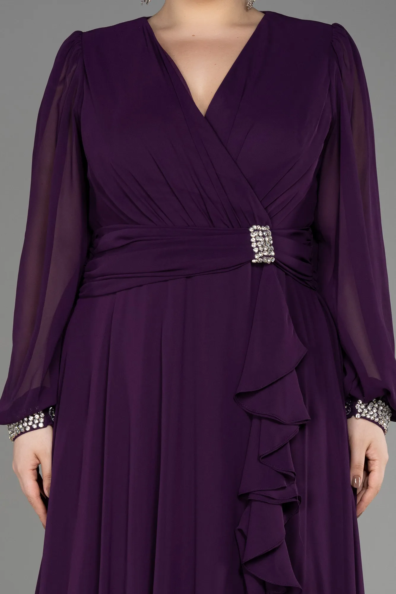 Purple-Long Chiffon Plus Size Evening Dress ABU3222