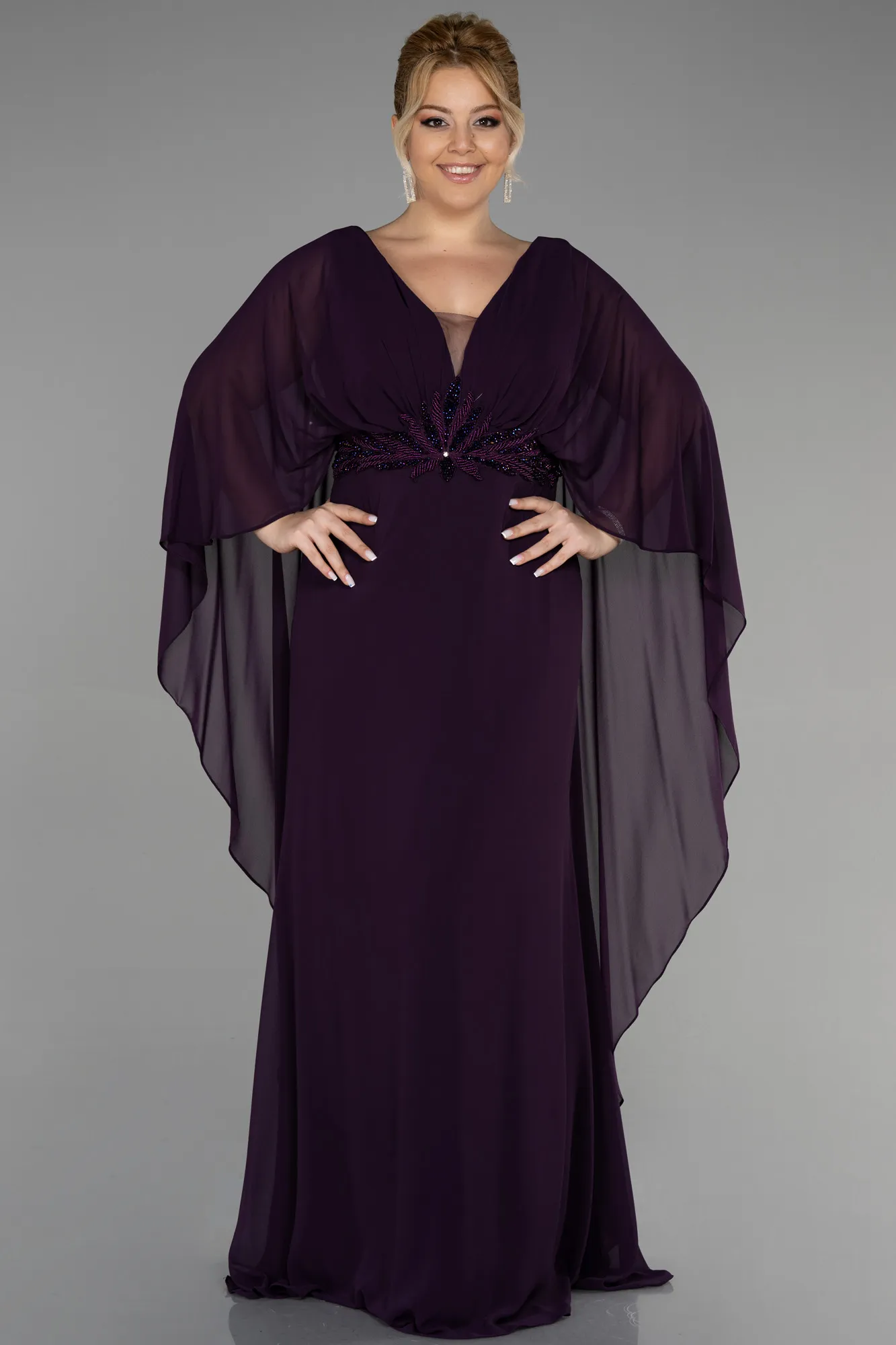 Purple-Long Chiffon Plus Size Evening Dress ABU3488
