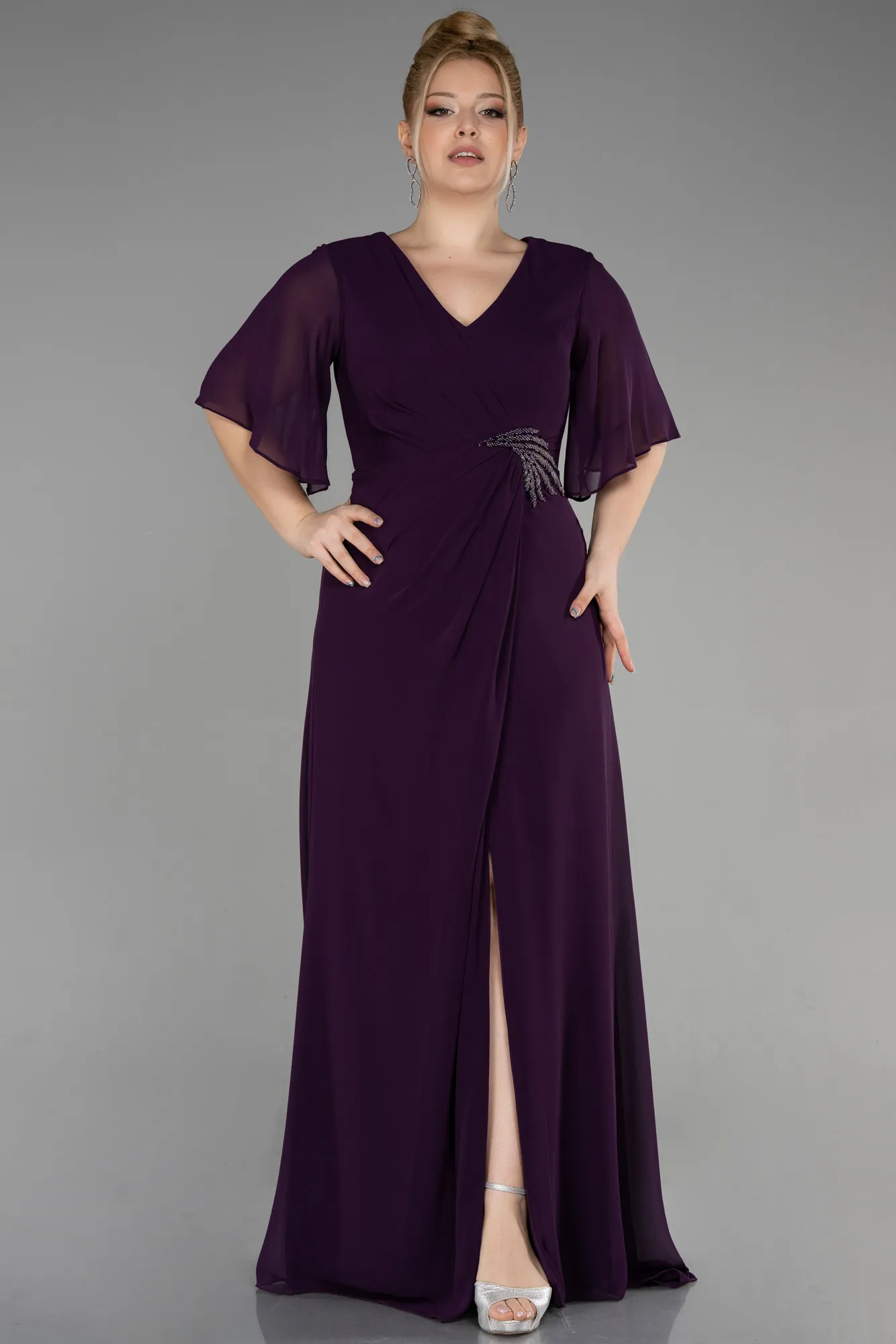Purple-Long Chiffon Plus Size Evening Gown ABU3592
