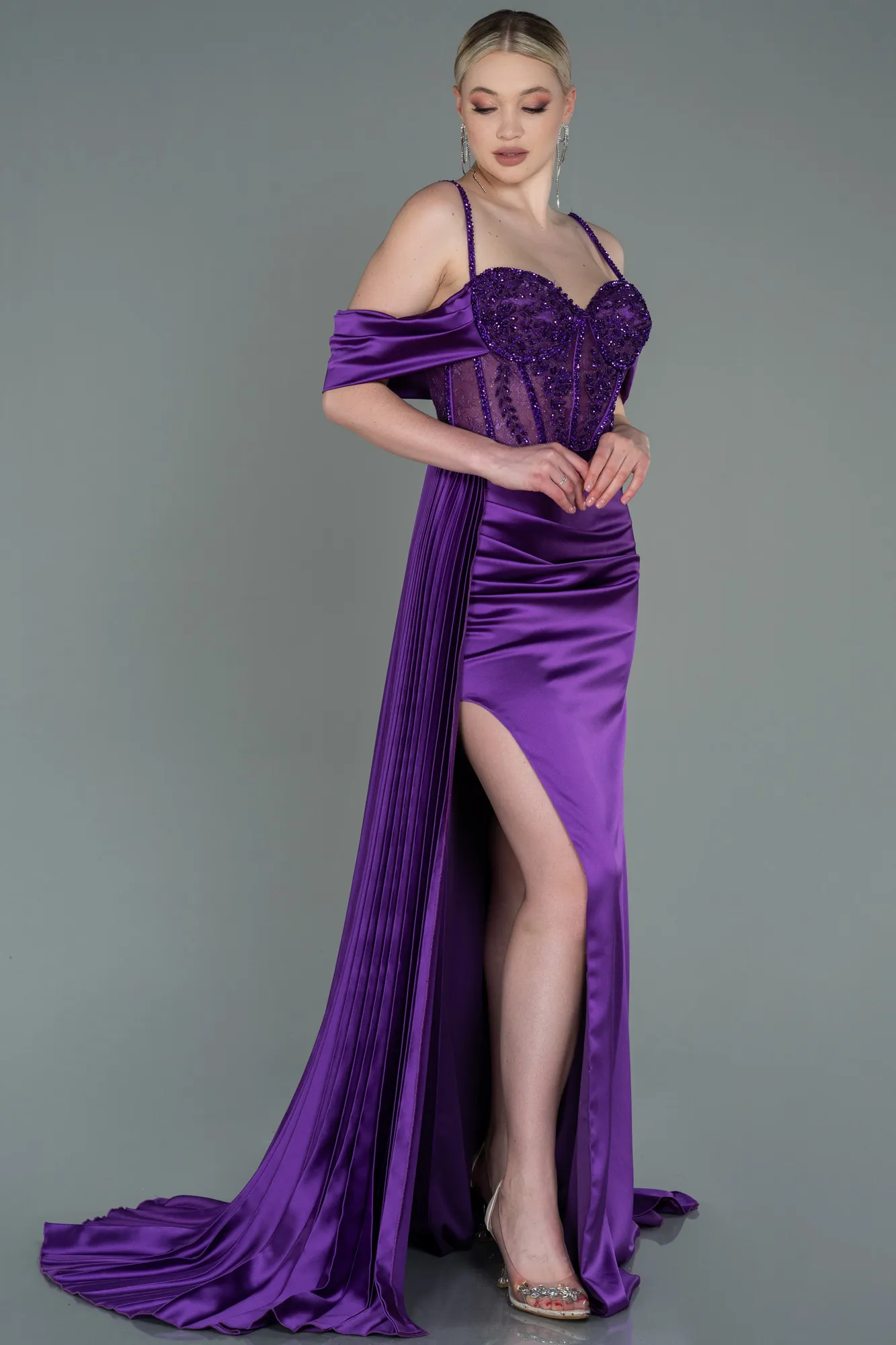 Purple-Long Satin Evening Dress ABU3146