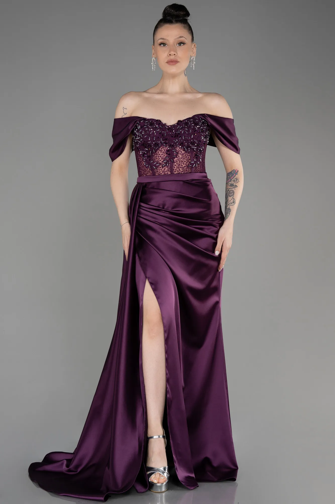 Purple-Long Satin Evening Dress ABU3682