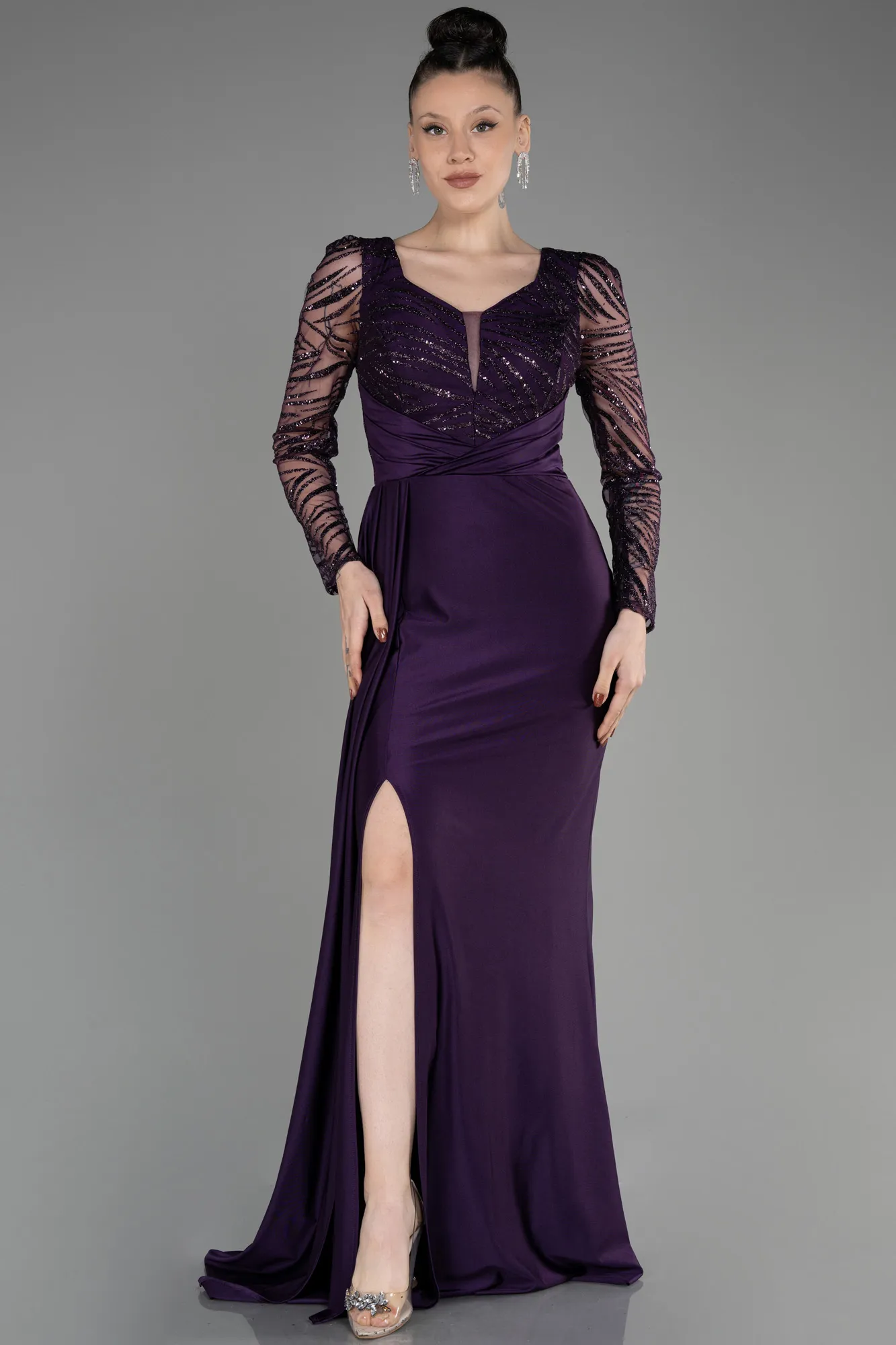Purple-Long Sleeve Evening Dress ABU3834