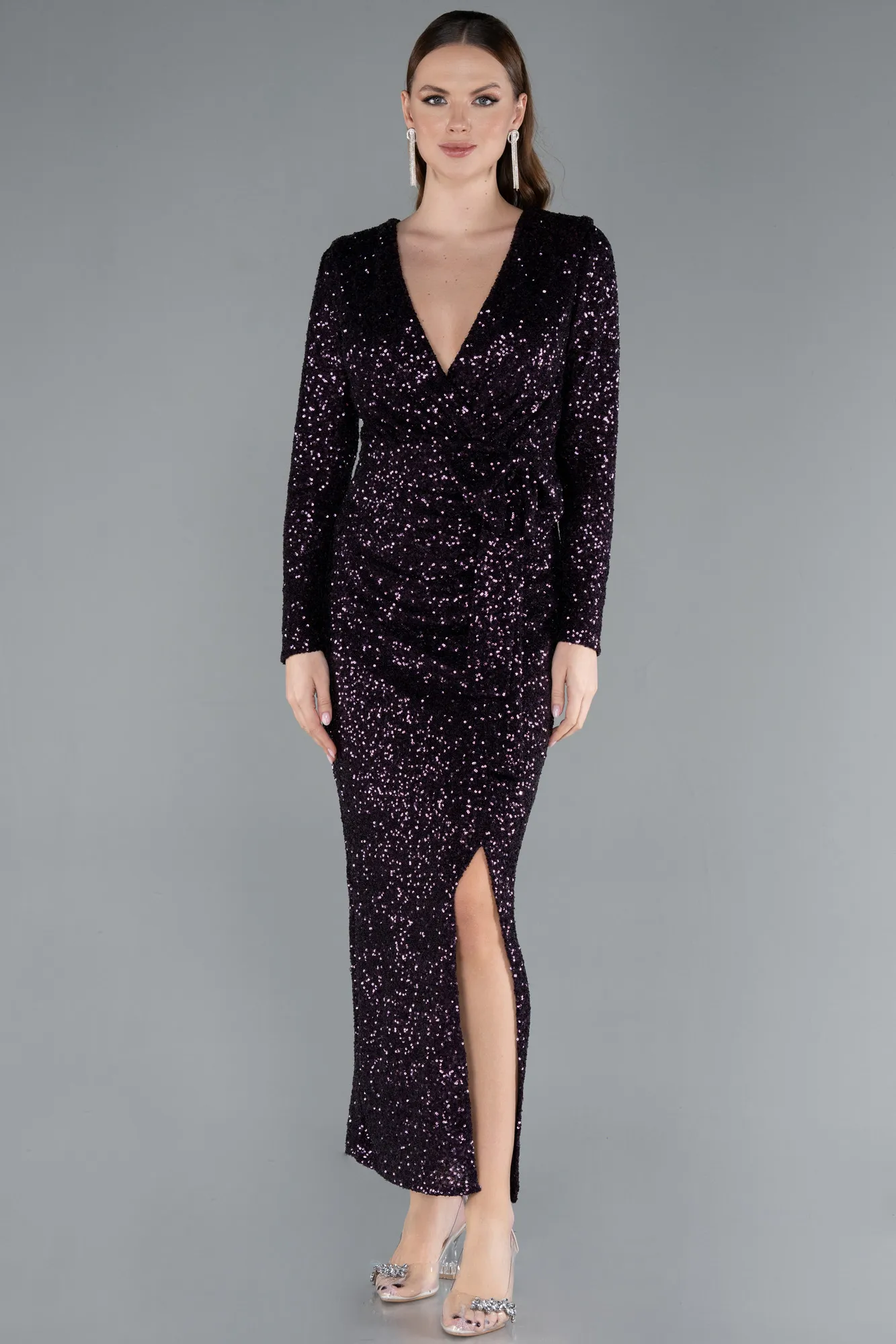 Purple-Long Sleeve Neck Sequin Midi Cocktail Dress ABK2284