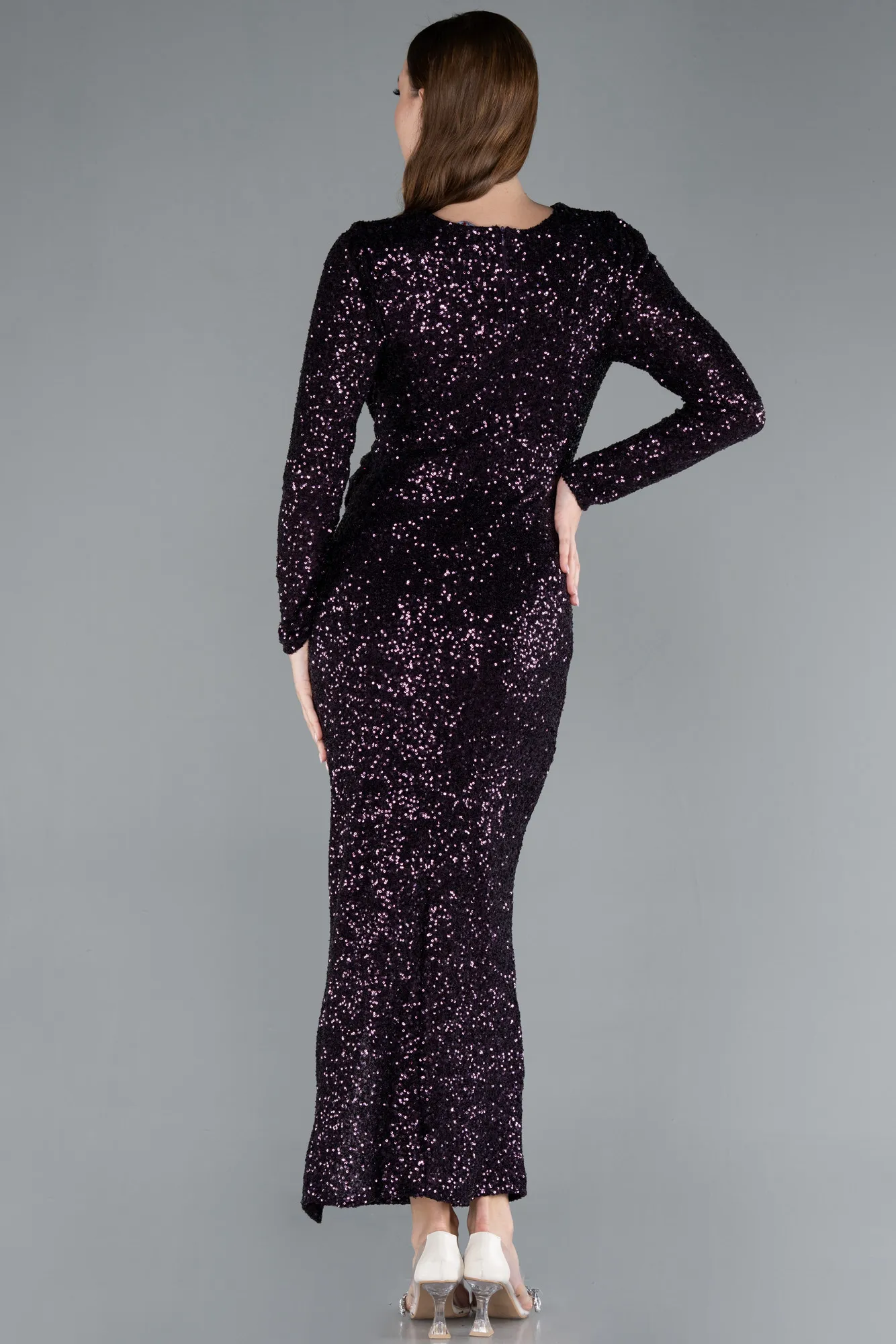 Purple-Long Sleeve Neck Sequin Midi Cocktail Dress ABK2284