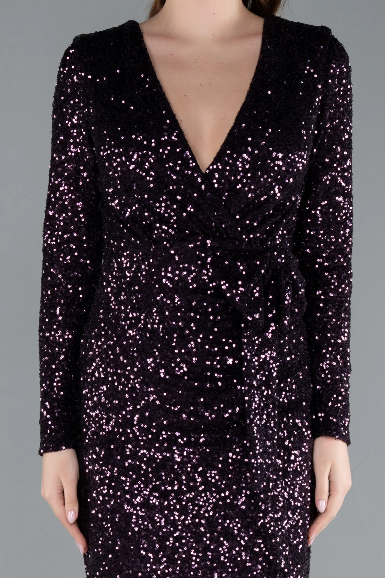 Purple-Long Sleeve Neck Sequin Midi Cocktail Dress ABK2284